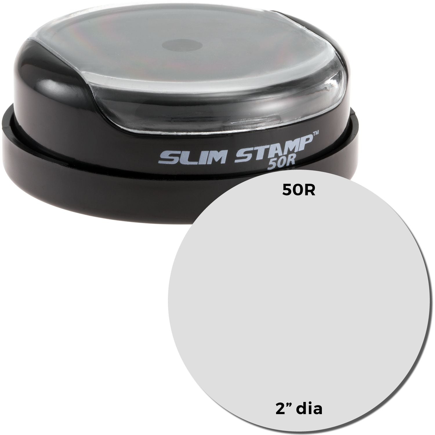 Slim Stamp 50R Customized Pre-Inked Stamp, 2 diameter, black casing with clear top, shown with a sample imprint area.