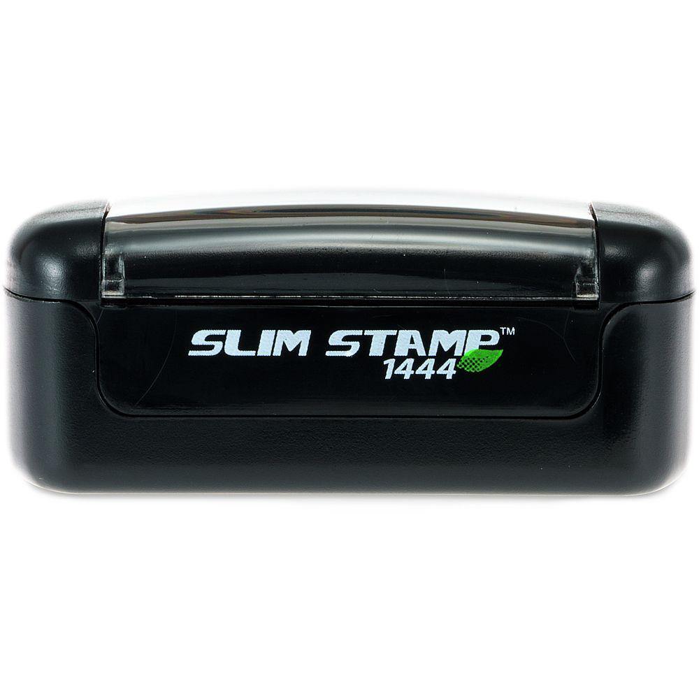 Black Slim Pre-Inked Refinance Stamp with Slim Stamp 1444 text and green leaf logo on the front, compact and portable design.