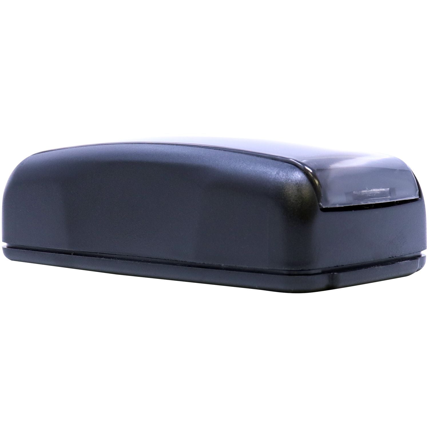 Slim Pre-Inked Stamp Identification Notary Stamp in a sleek black casing, shown from the back side, compact and ready for use.