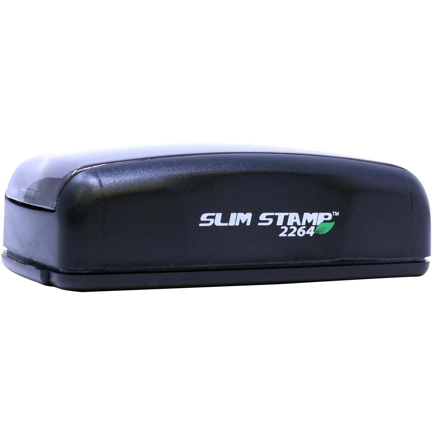 Slim Pre-Inked Stamp Identification Notary Stamp, black, rectangular, with Slim Stamp 2264 text on the side, angled front view.