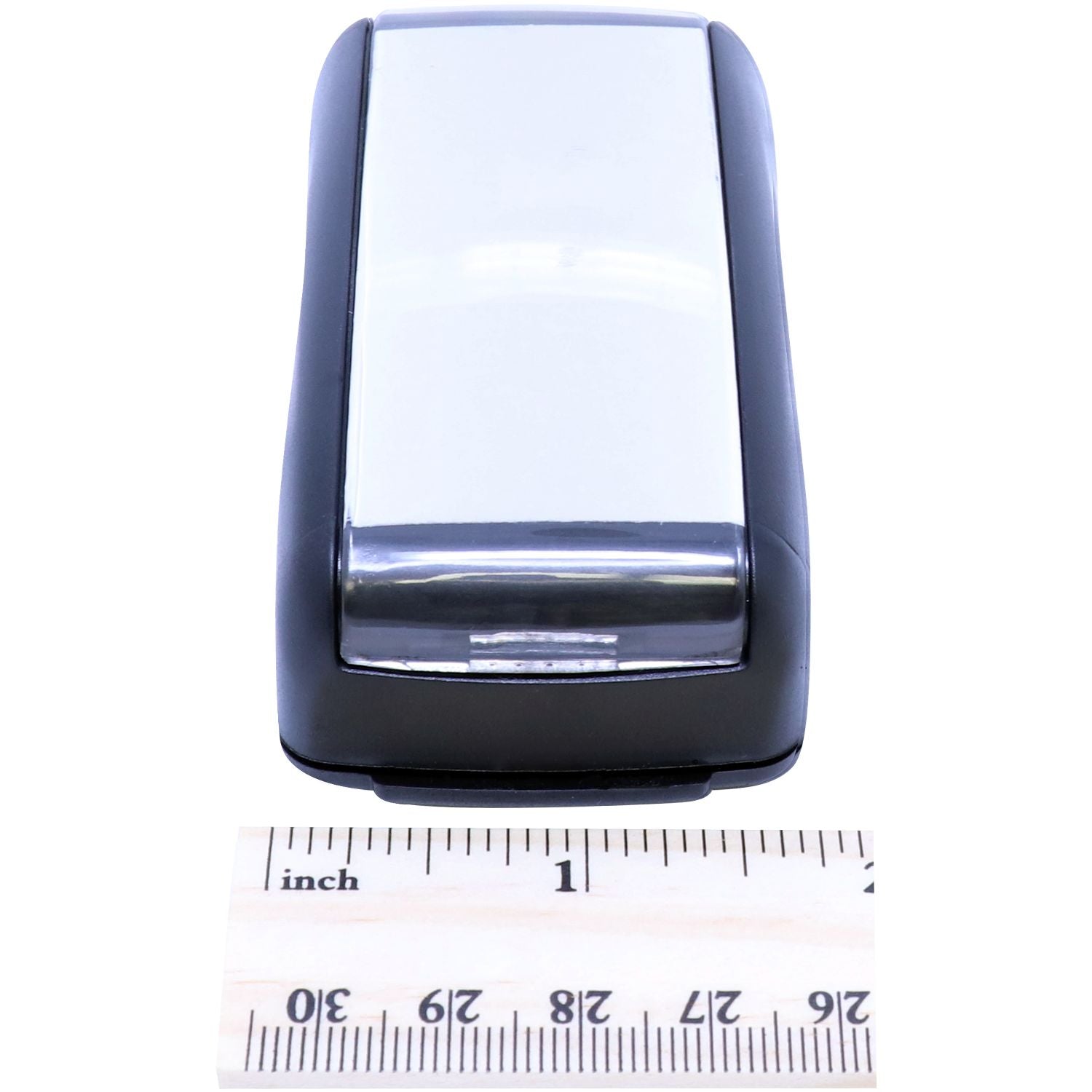 Slim Pre-Inked Stamp Identification Notary Stamp shown next to a ruler for size reference, highlighting its compact design.