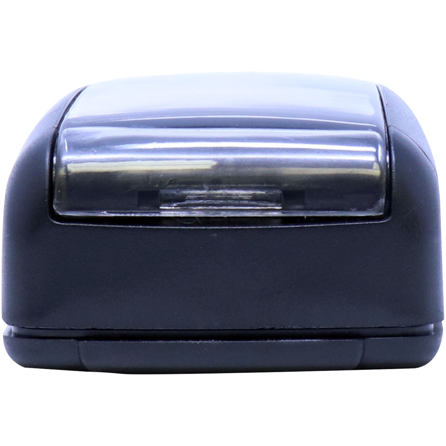 Slim Pre-Inked Stamp Identification Notary Stamp in black, shown from the front with a clear cover, compact and ready for use.