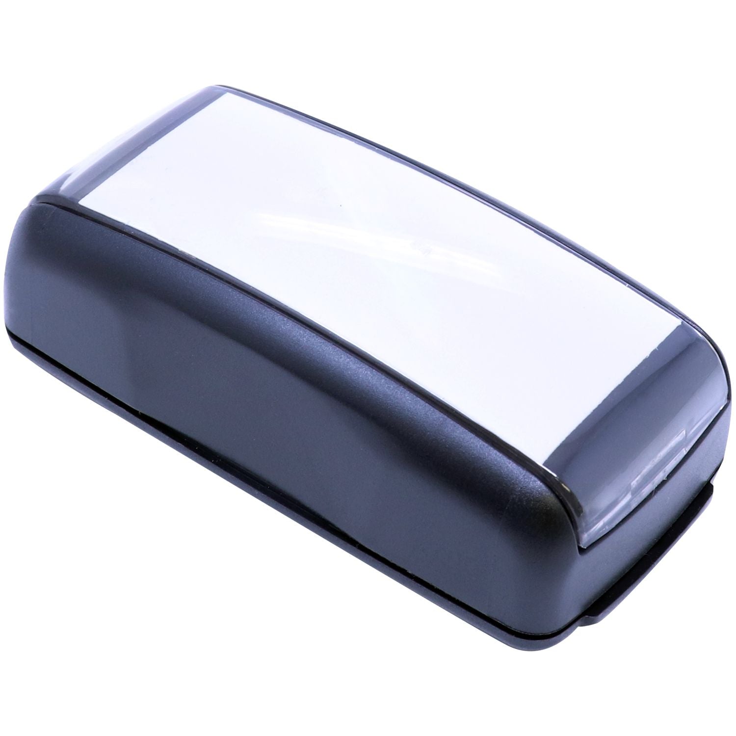Slim Pre-Inked Stamp Identification Notary Stamp with a sleek black and white design, shown from a top-back-side angle.