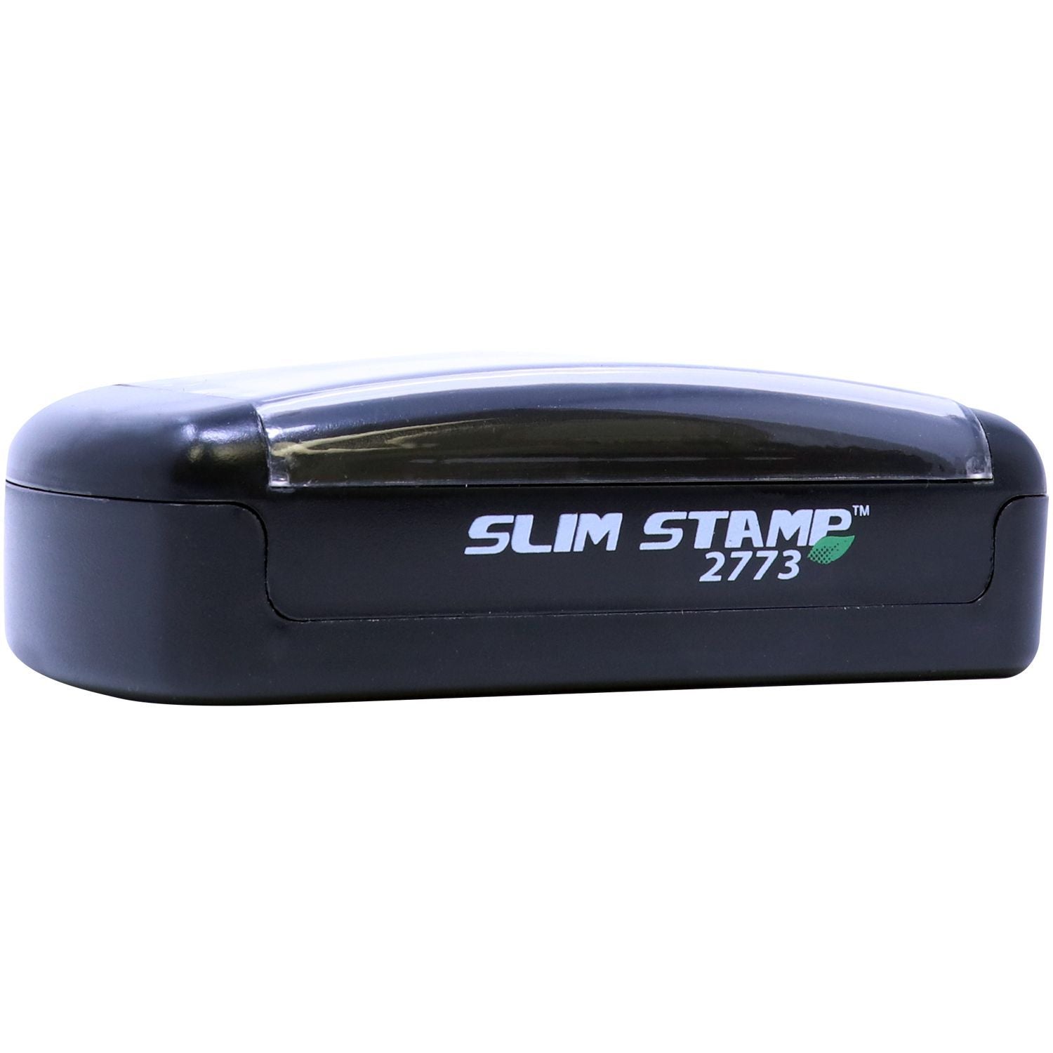 Slim Stamp 2773 Customized Pre-Inked Stamp 1-1/16 x 2-7/8, black casing, front angle view, compact and sleek design.