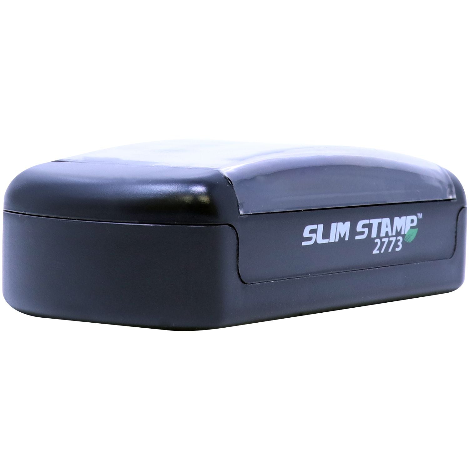 Slim Pre-Inked Original Document Stamp, black, rectangular, with Slim Stamp 2773 printed on the side, shown from a front-side angle.