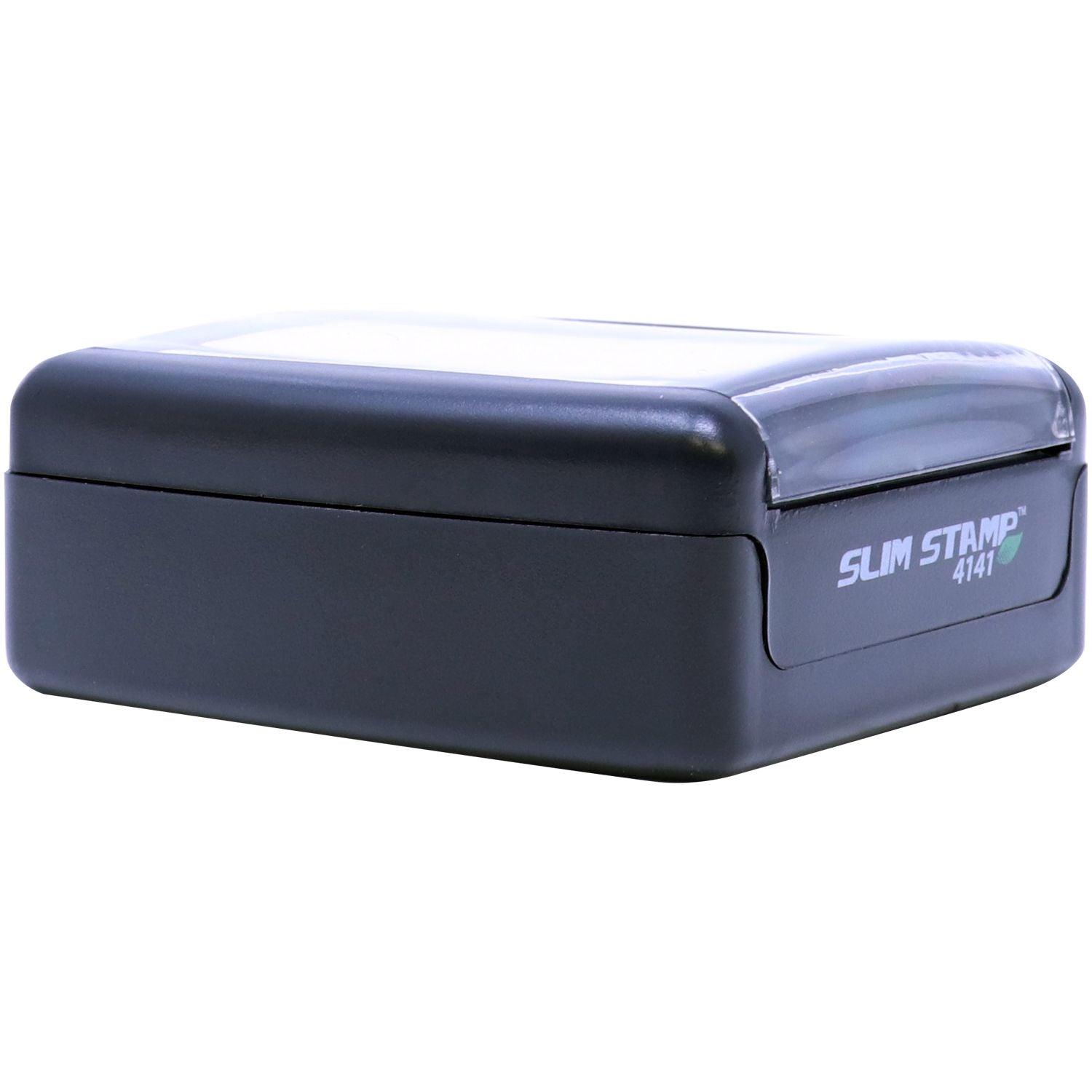 Slim Pre-Inked Stamp of Notary Public Seal, compact black design, side view showing Slim Stamp 4141 label.