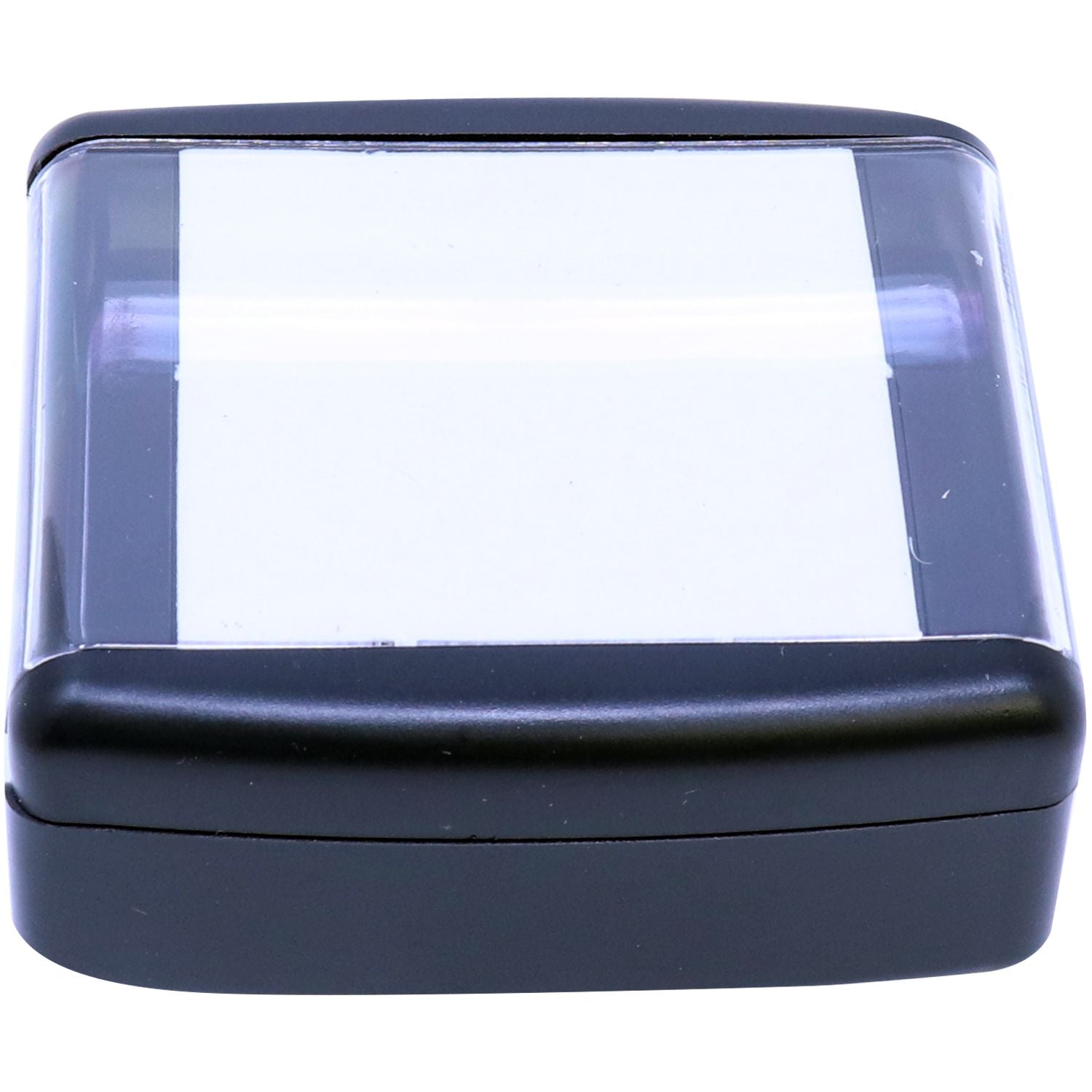 Slim Pre-Inked Stamp of Notary Public Seal, black rectangular casing with a clear top, shown from a backside angle.