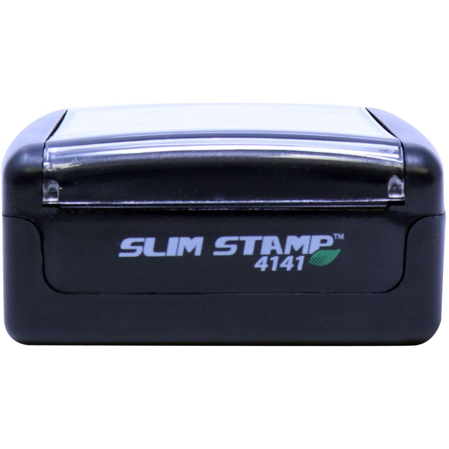 Geologist Slim Pre-Inked Rubber Stamp of Seal, black casing with transparent cover, model Slim Stamp 4141, compact and portable design.