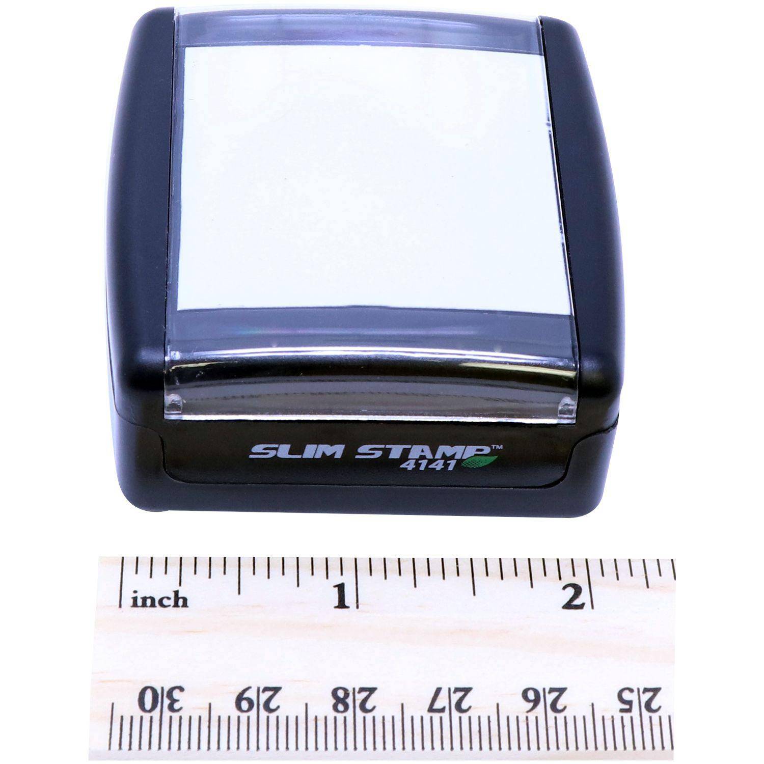 Image of the Engineering Geologist Slim Pre-Inked Rubber Stamp of Seal, a compact black stamp with a clear top, shown next to a ruler for size reference.
