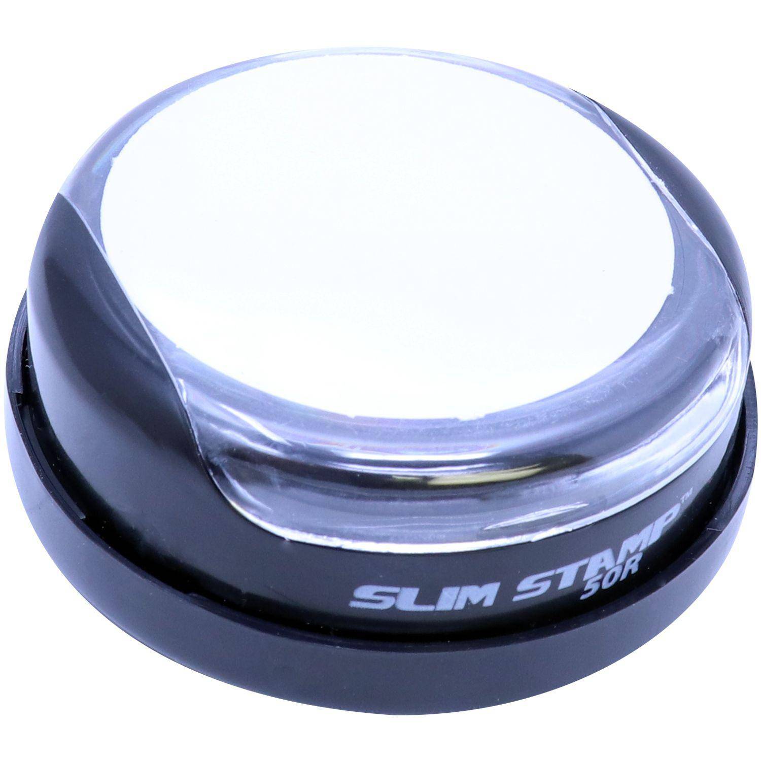 Architect Slim Pre-Inked Rubber Stamp of Seal, model 50R, featuring a sleek, round design with a black base and a clear top cover.