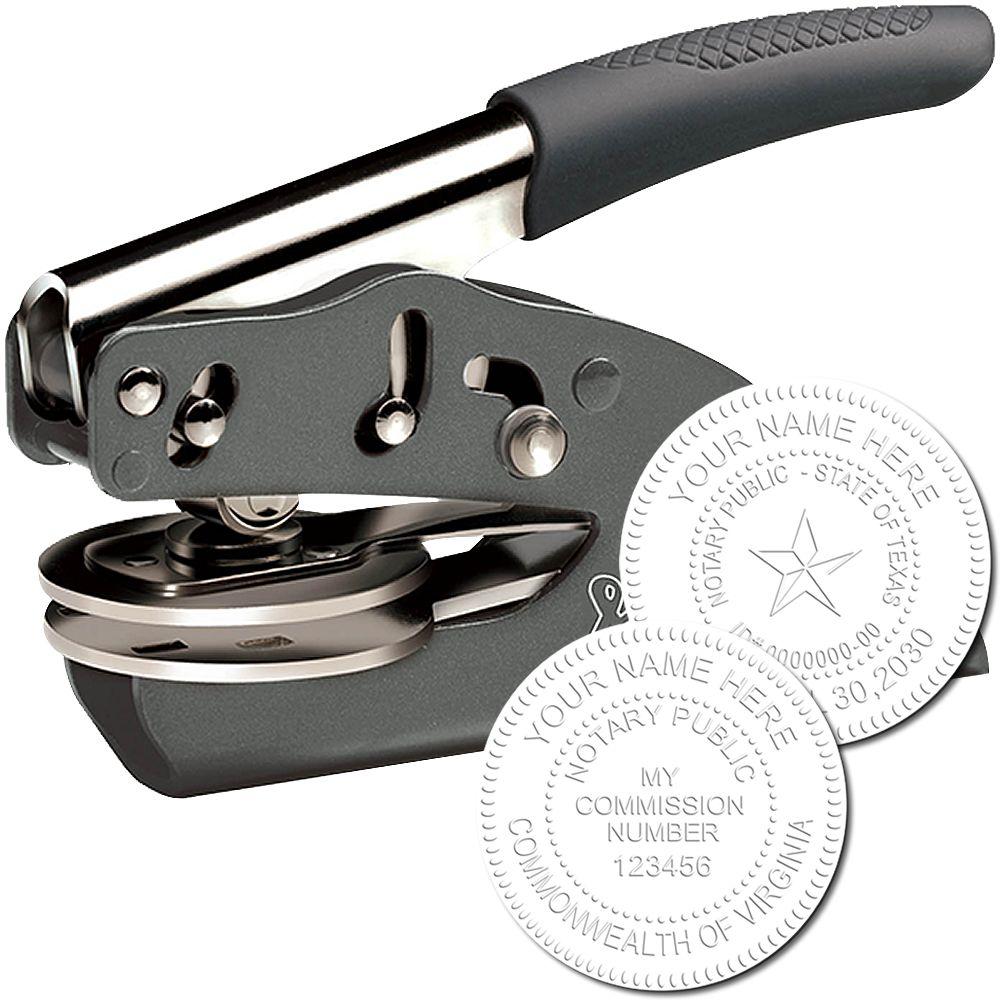 Soft Seal Notary Embosser with ergonomic handle, shown with two sample embossed seals displaying notary public information and commission number.