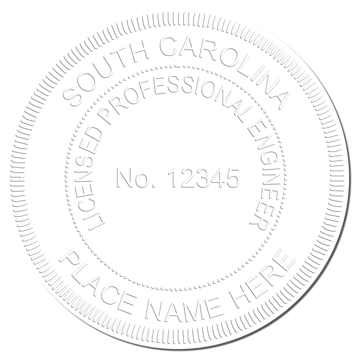 A photograph of the Handheld South Carolina Professional Engineer Embosser stamp impression reveals a vivid, professional image of the on paper.