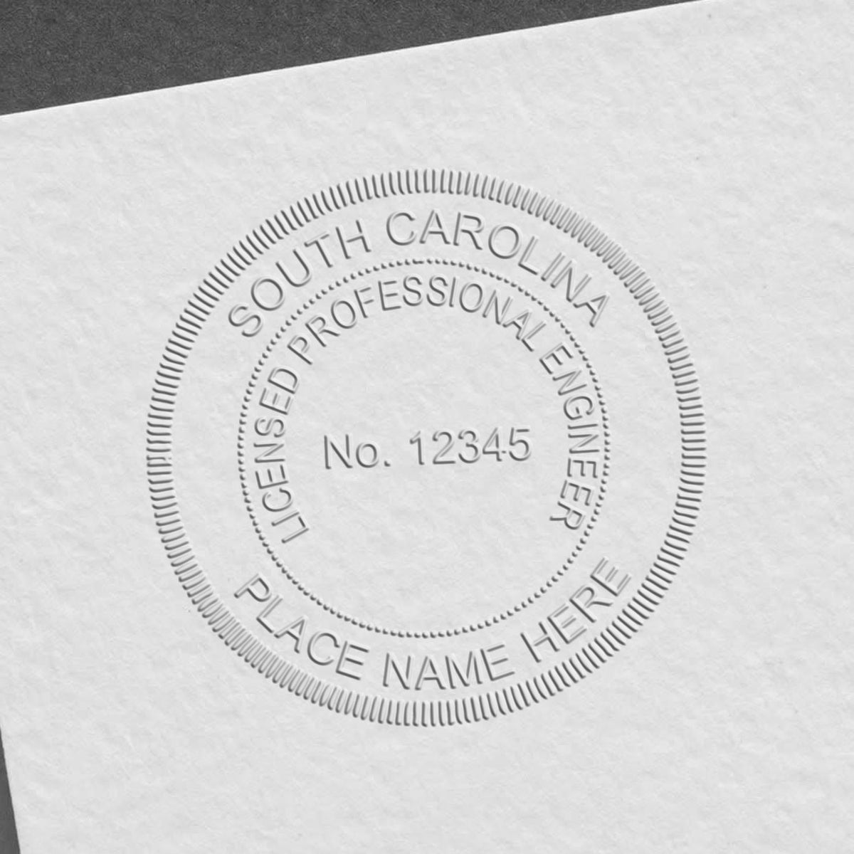 A photograph of the Long Reach South Carolina PE Seal stamp impression reveals a vivid, professional image of the on paper.