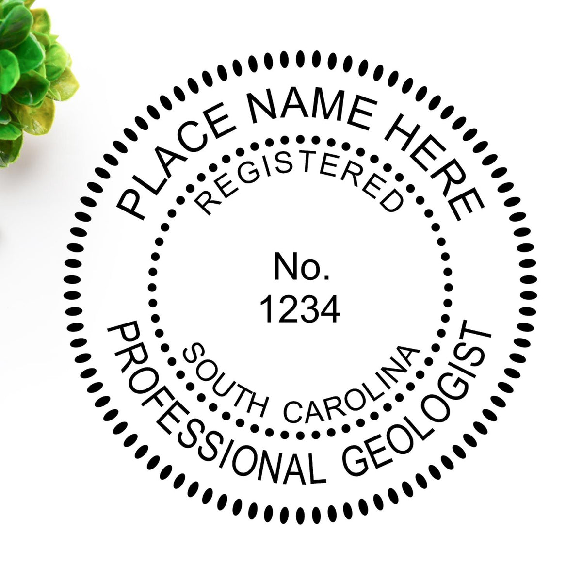 A lifestyle photo showing a stamped image of the Slim Pre-Inked South Carolina Professional Geologist Seal Stamp on a piece of paper