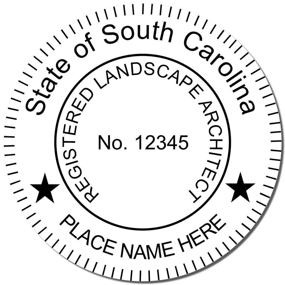 A lifestyle photo showing a stamped image of the Slim Pre-Inked South Carolina Landscape Architect Seal Stamp on a piece of paper