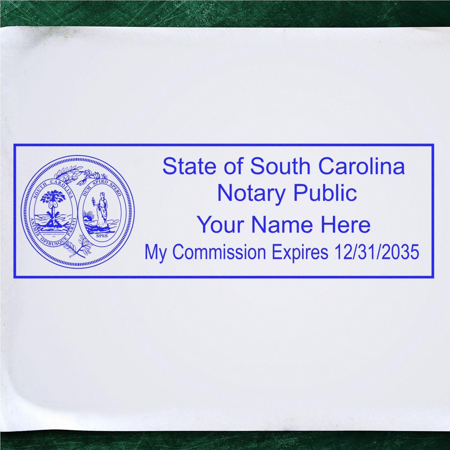 The main image for the Slim Pre-Inked State Seal Notary Stamp for South Carolina depicting a sample of the imprint and electronic files