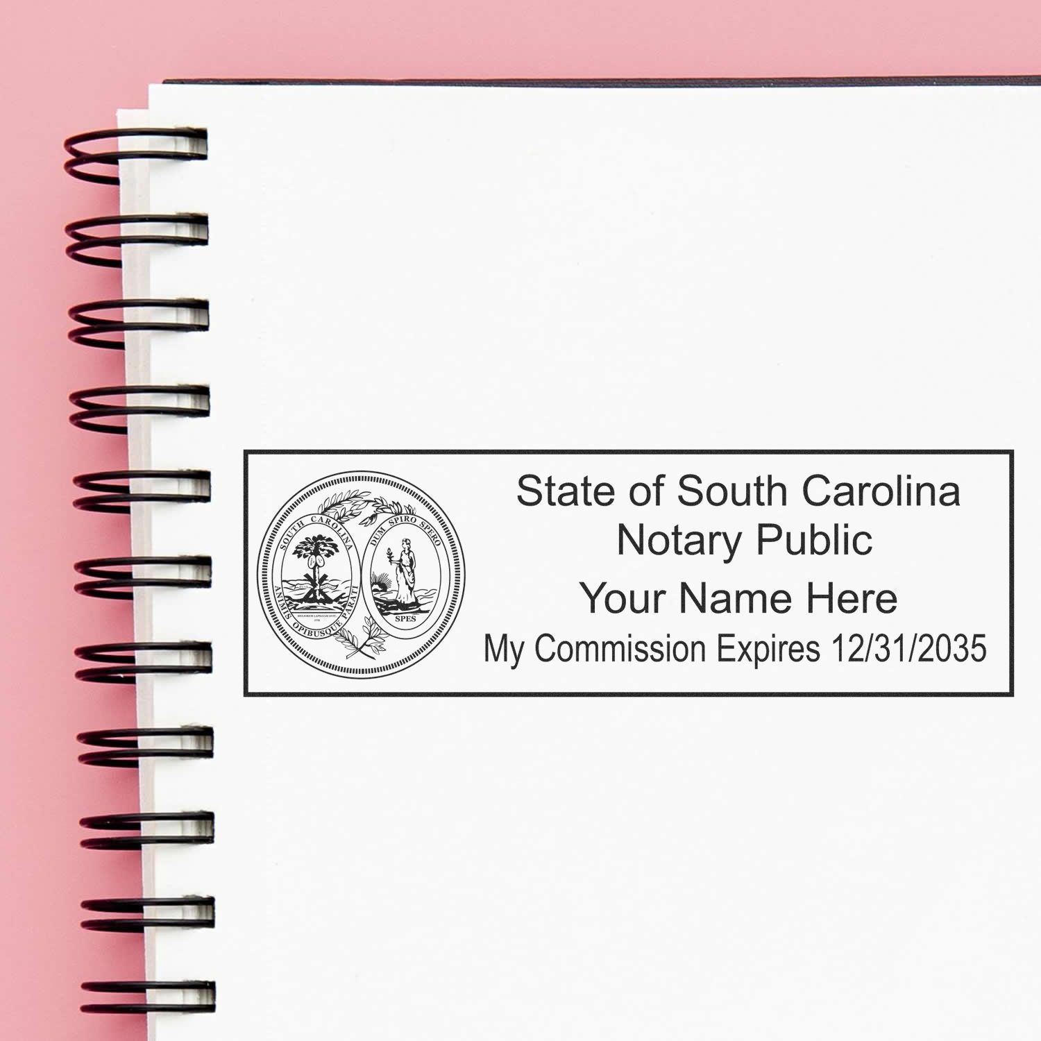 A photograph of the South Carolina Rectangular Digital Notary Seal stamp impression reveals a vivid, professional image of the on paper.