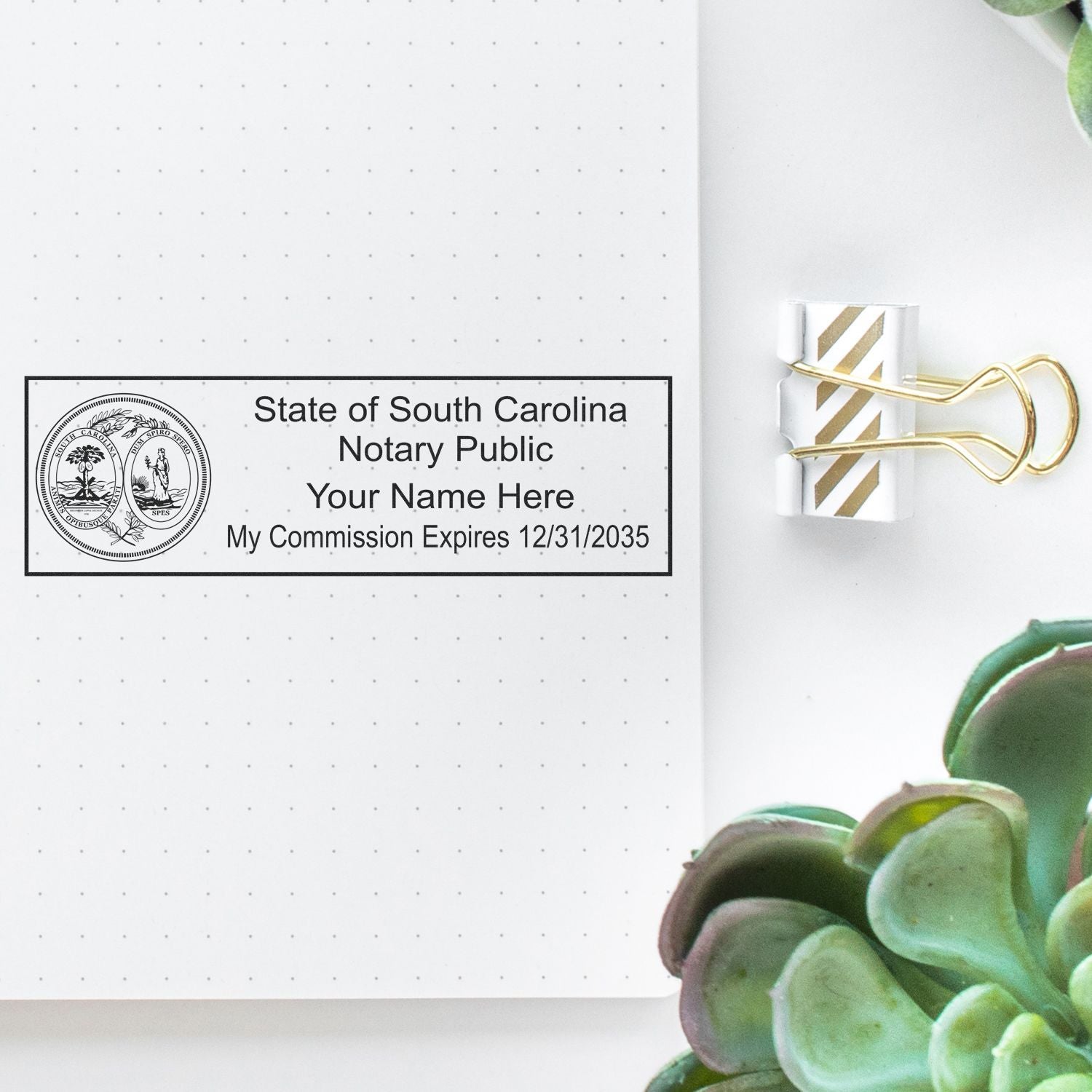 A lifestyle photo showing a stamped image of the MaxLight Premium Pre-Inked South Carolina State Seal Notarial Stamp on a piece of paper