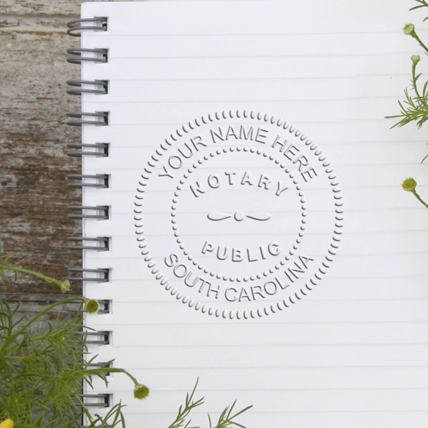 A stamped impression of the South Carolina Handheld Notary Seal Embosser in this stylish lifestyle photo, setting the tone for a unique and personalized product.