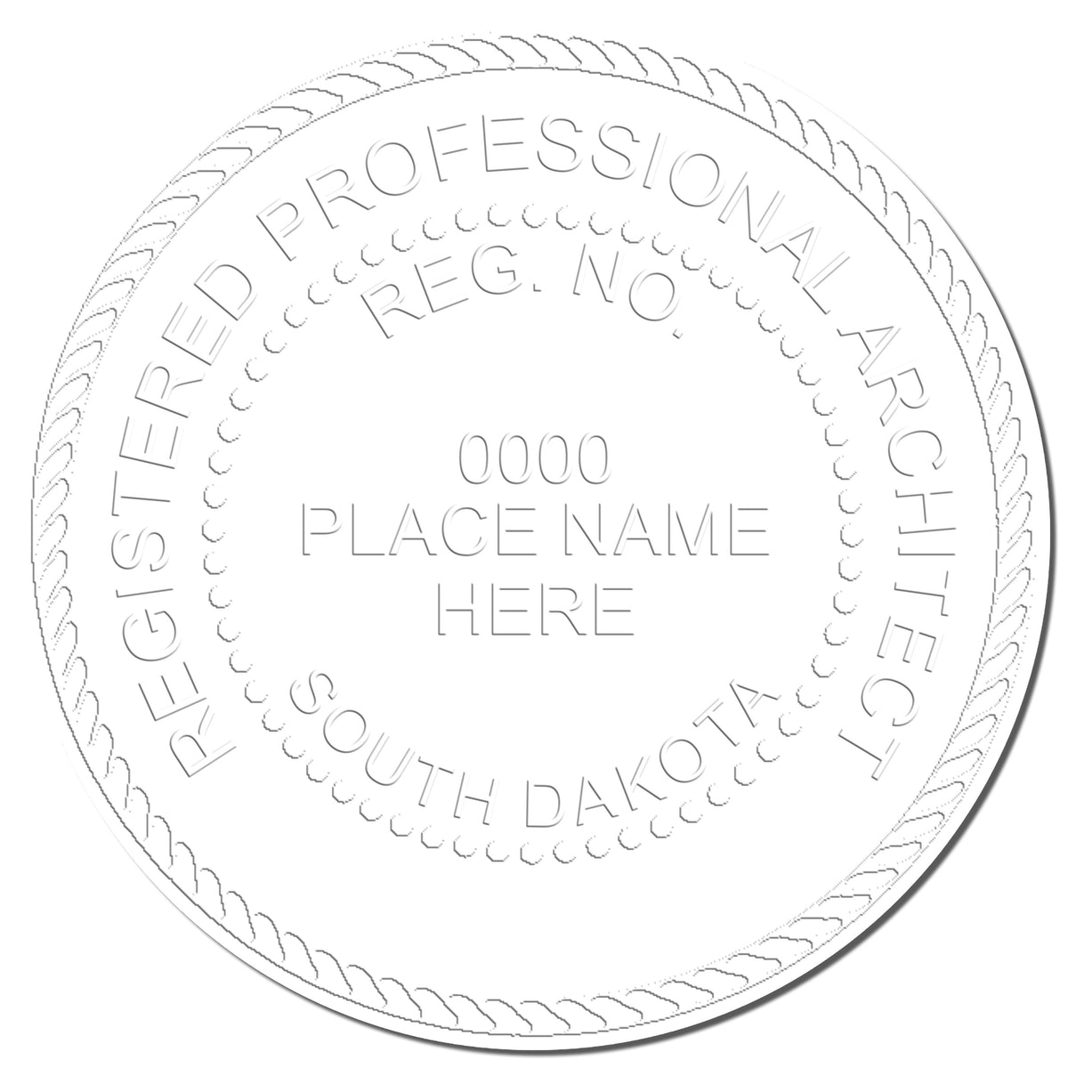 A photograph of the Handheld South Dakota Architect Seal Embosser stamp impression reveals a vivid, professional image of the on paper.
