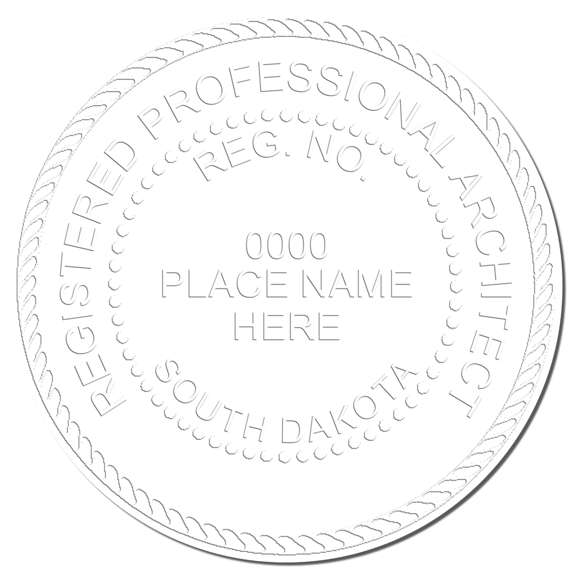The main image for the State of South Dakota Long Reach Architectural Embossing Seal depicting a sample of the imprint and electronic files