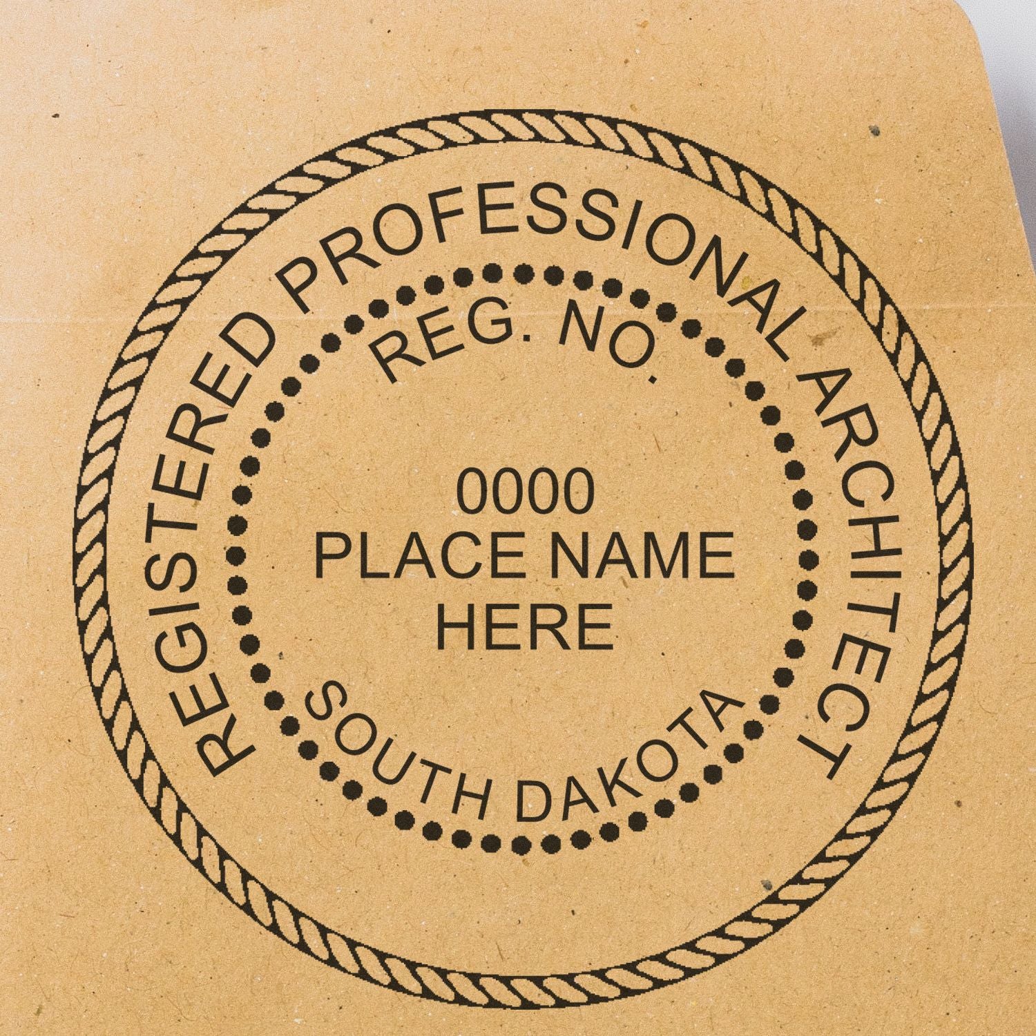 Image of the Premium MaxLight Pre-Inked South Dakota Architectural Stamp with customizable fields for registration number and place name.