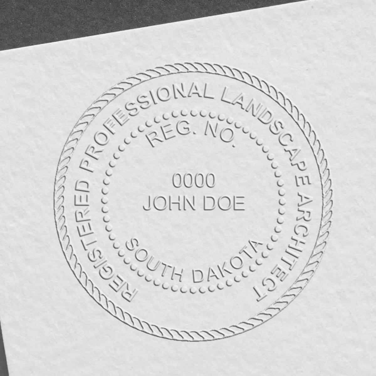 A photograph of the Hybrid South Dakota Landscape Architect Seal stamp impression reveals a vivid, professional image of the on paper.