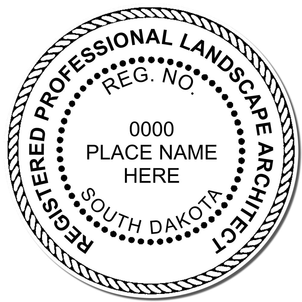 An alternative view of the South Dakota Landscape Architectural Seal Stamp stamped on a sheet of paper showing the image in use