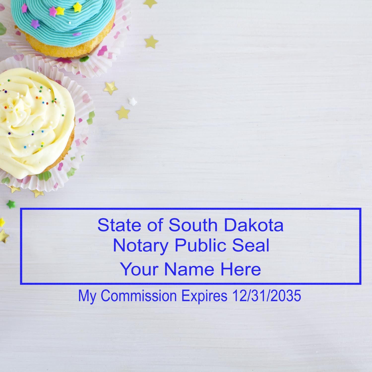The main image for the Super Slim South Dakota Notary Public Stamp depicting a sample of the imprint and electronic files