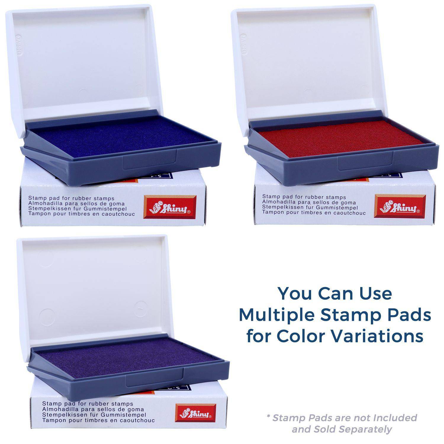 Three open stamp pads in blue, red, and purple colors with text mentioning the Large Rejected Rubber Stamp. Stamp pads are sold separately.
