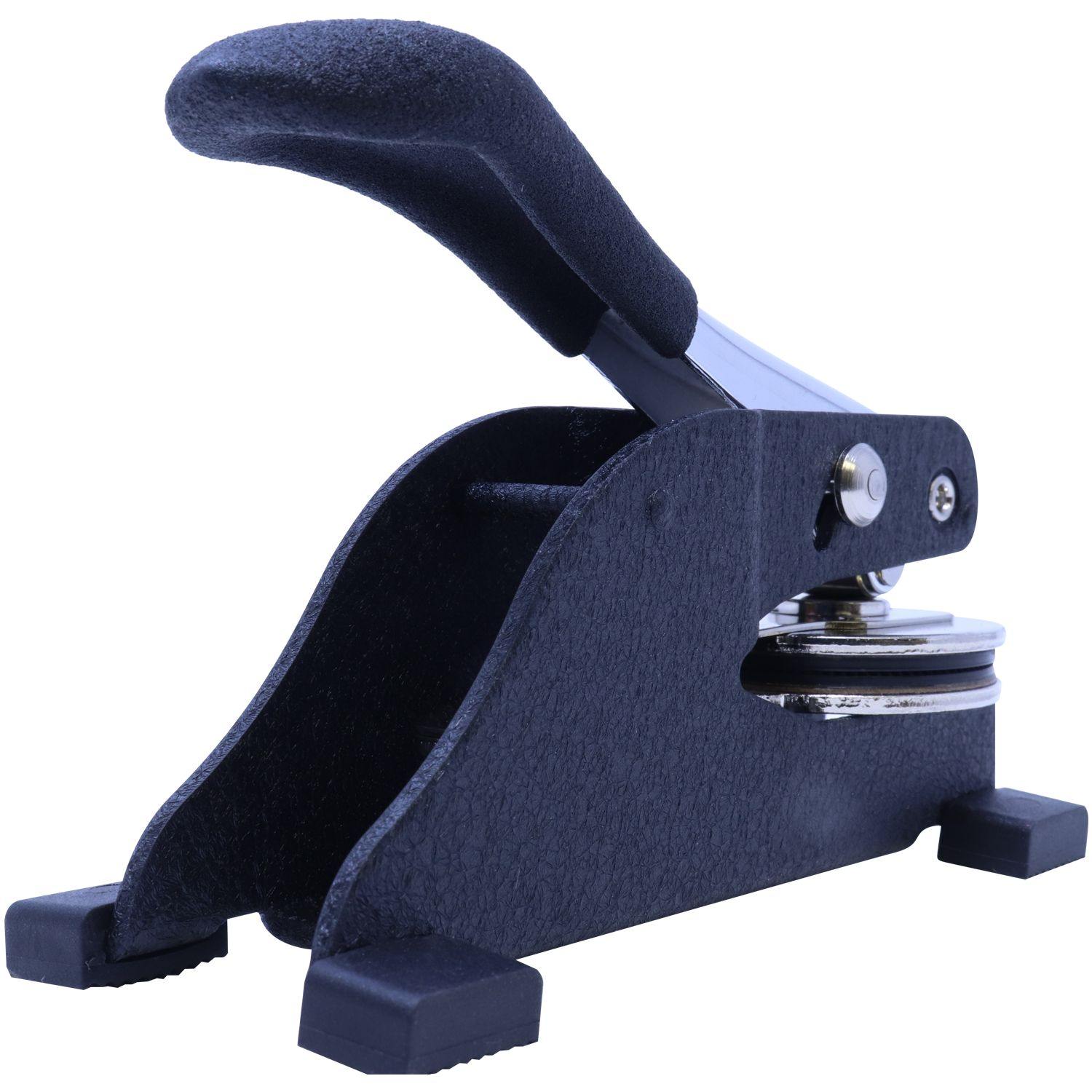 Geologist Desk Seal Embosser with a black handle and sturdy base, designed for creating embossed imprints, shown in a side-angled view.