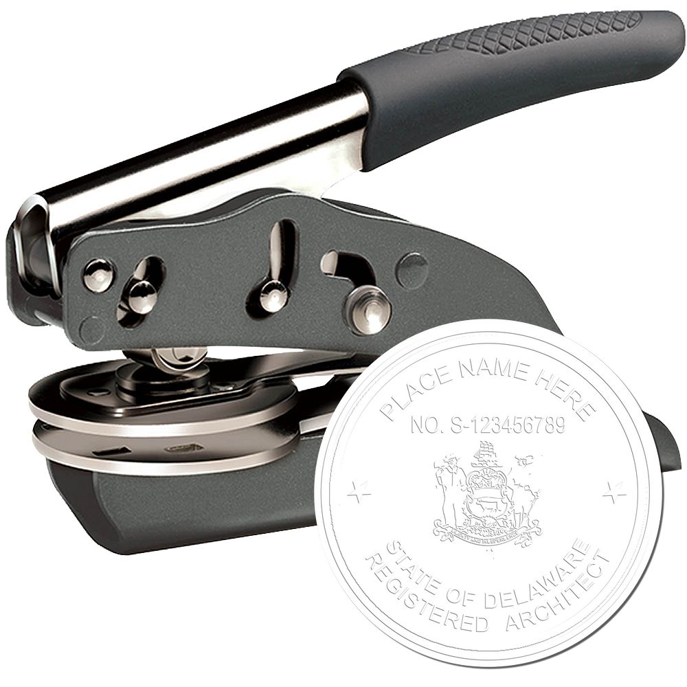 The main image for the State of Delaware Architectural Seal Embosser depicting a sample of the imprint and electronic files