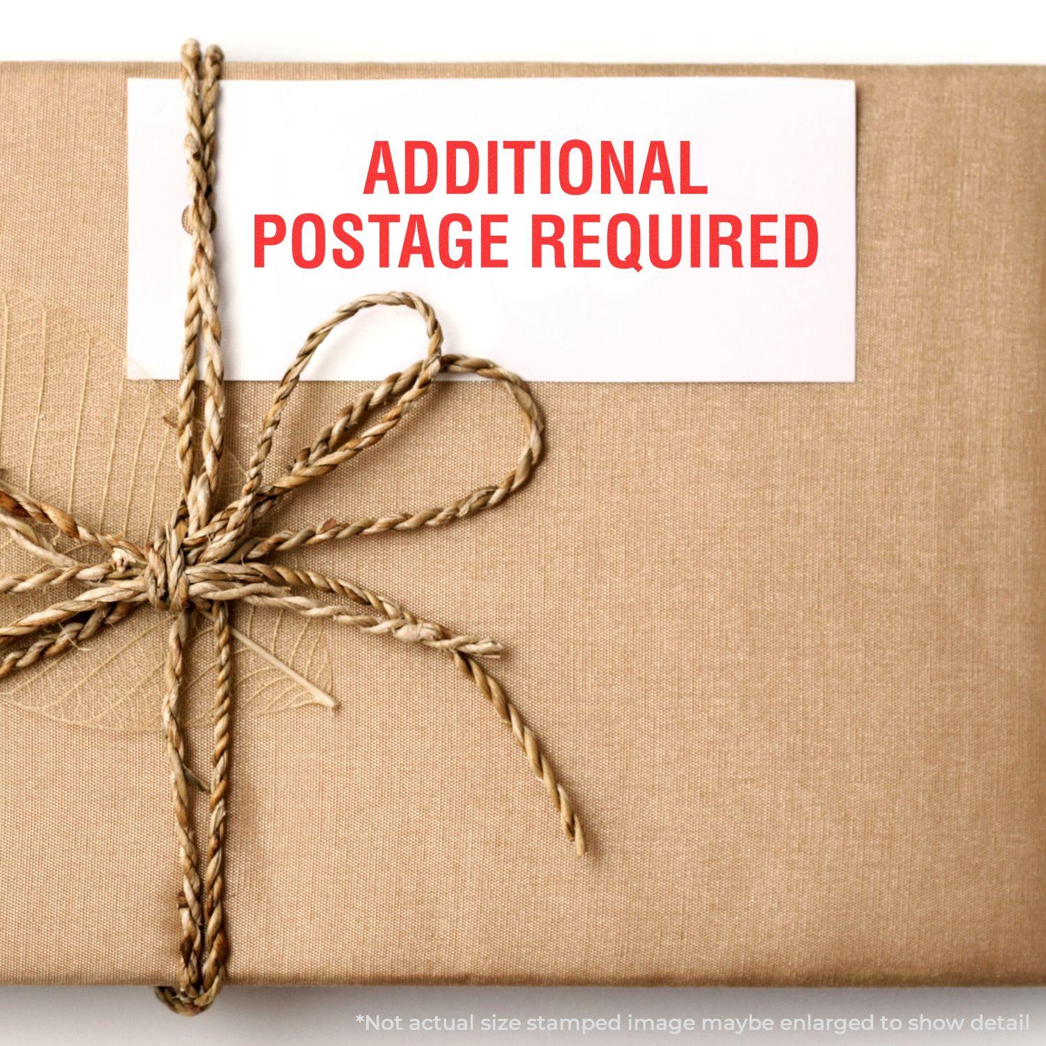 A brown package tied with twine and a white card stamped with ADDITIONAL POSTAGE REQUIRED in red letters.