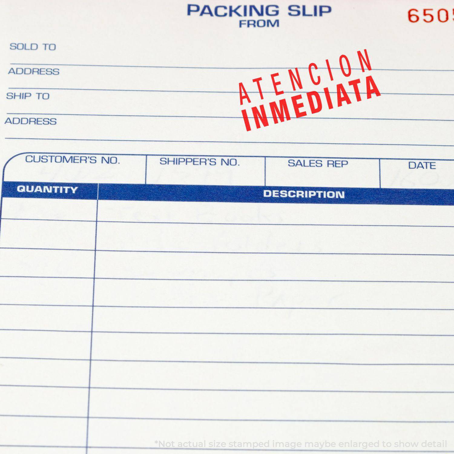 Packing slip stamped with Atencion Inmediata using the Large Self Inking Atencion Inmediata Stamp in red ink.