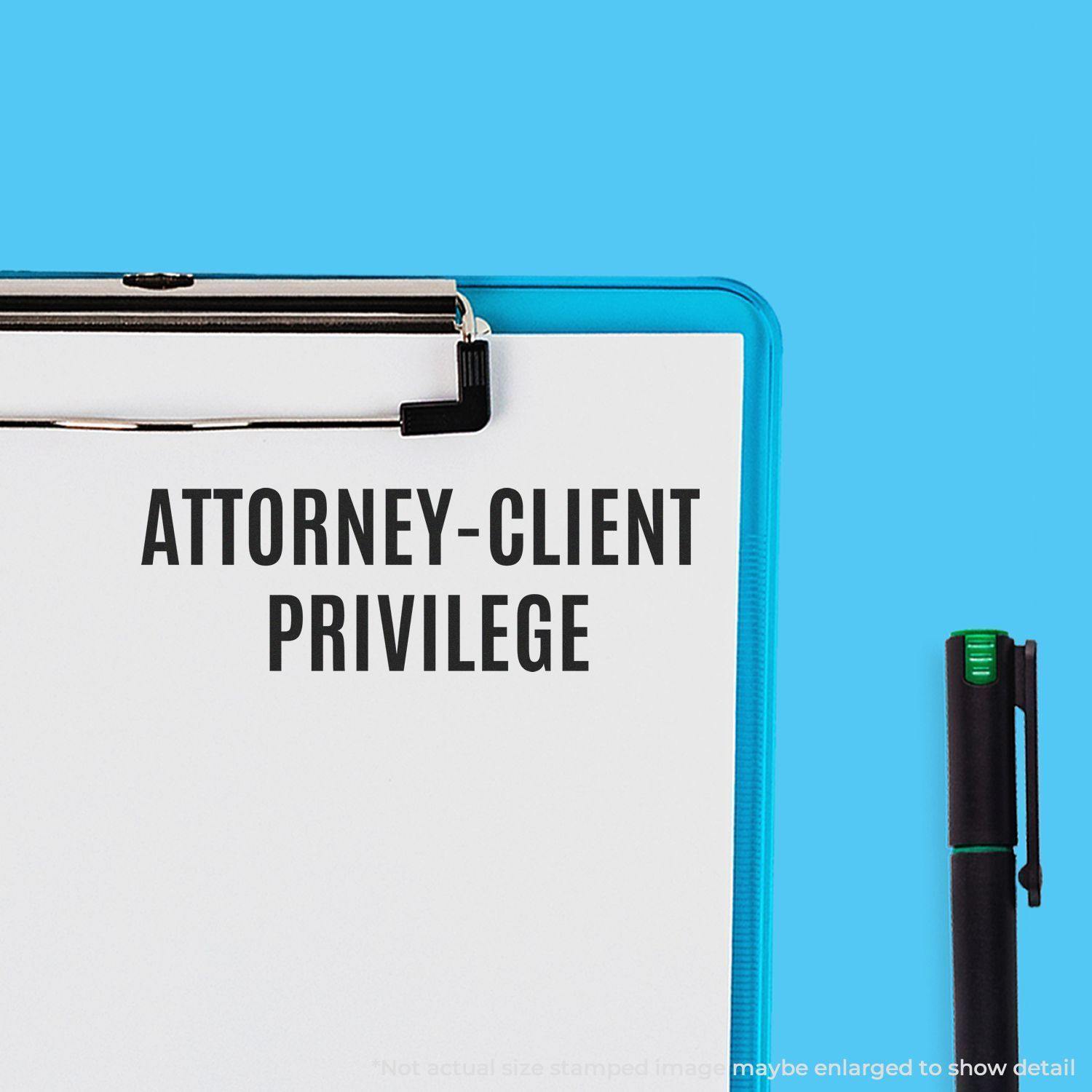 A stock office rubber stamp with a stamped image showing how the text "ATTORNEY-CLIENT PRIVILEGE" is displayed after stamping.