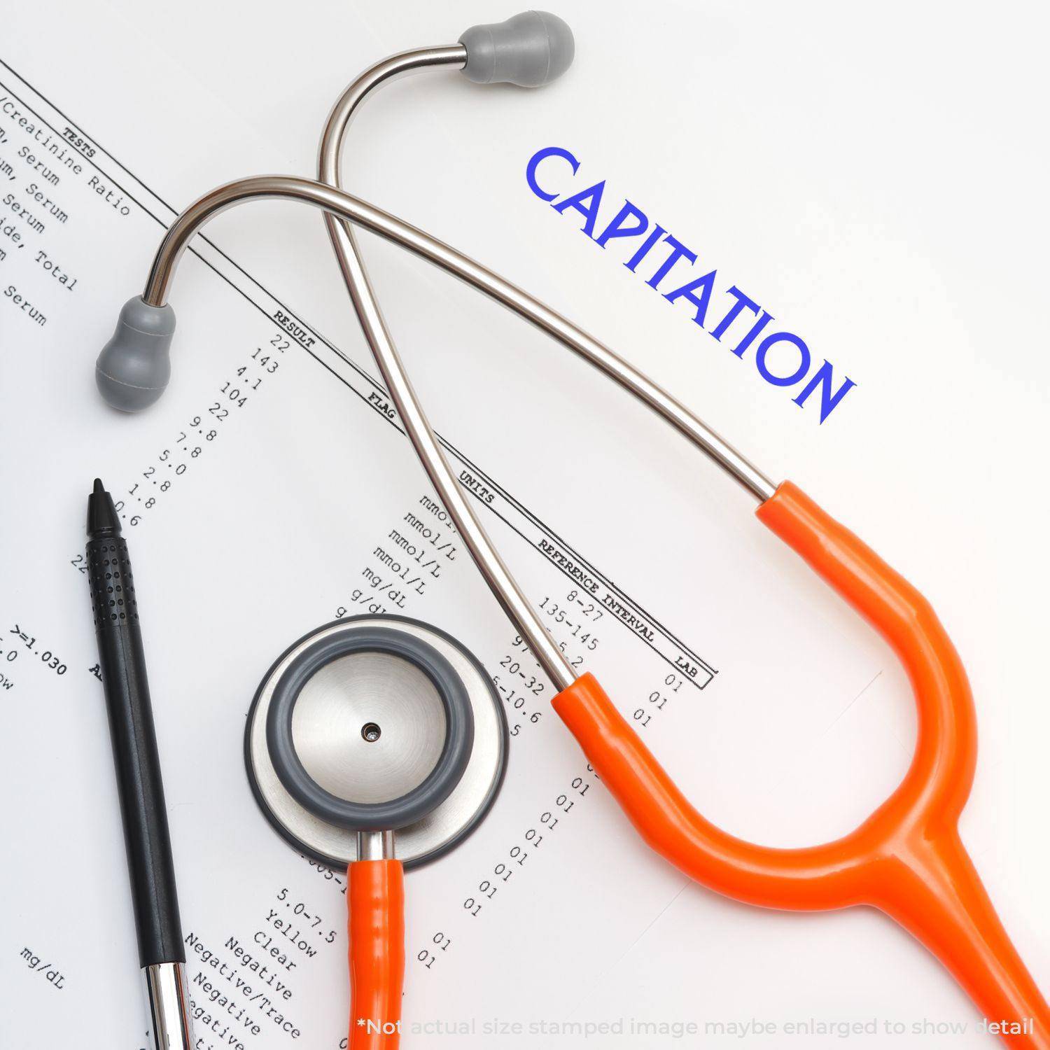 A stethoscope, pen, and medical document with the word CAPITATION stamped in blue using the Large Self Inking Capitation Stamp.