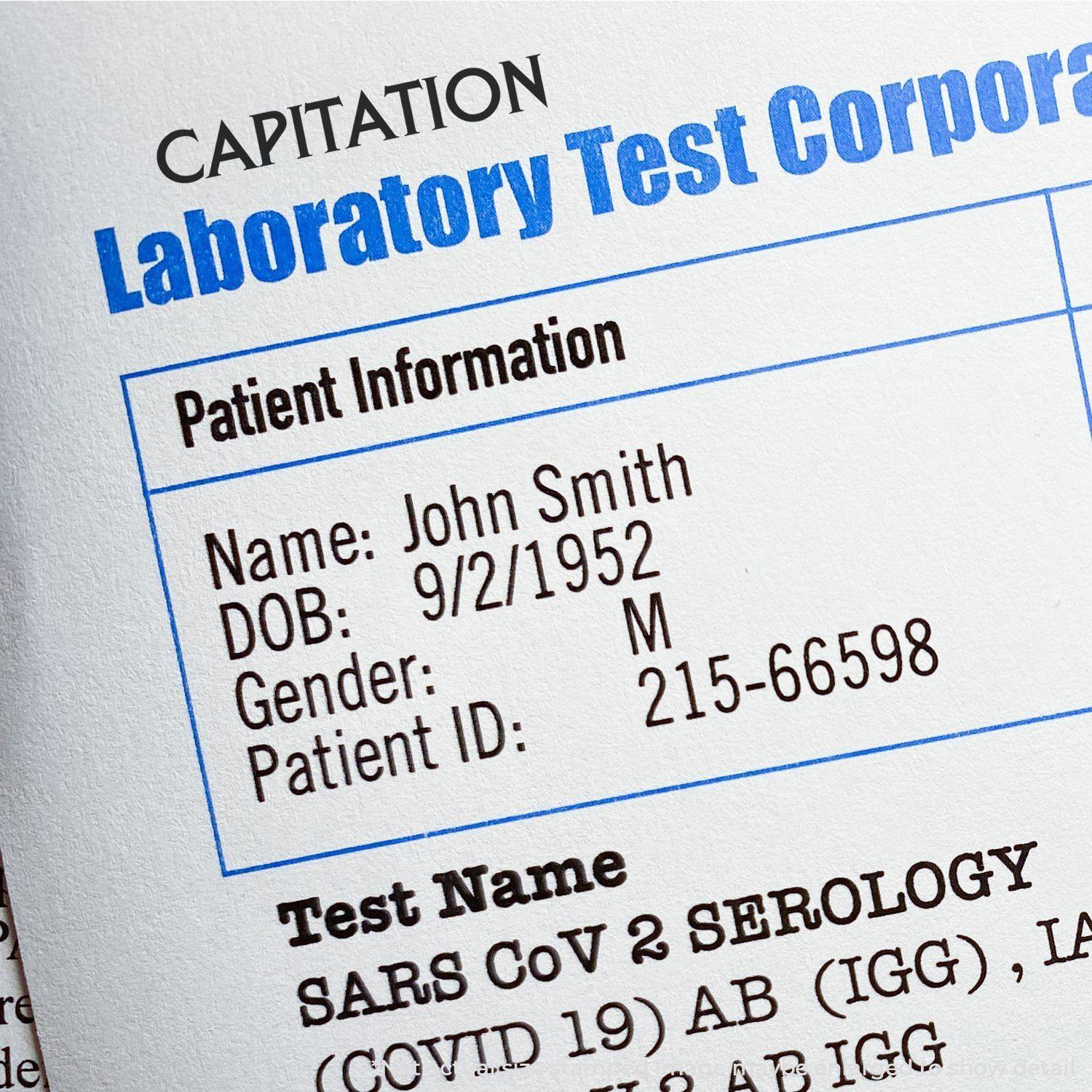 Slim Pre-Inked Capitation Stamp used on a laboratory test report with patient information and test details.