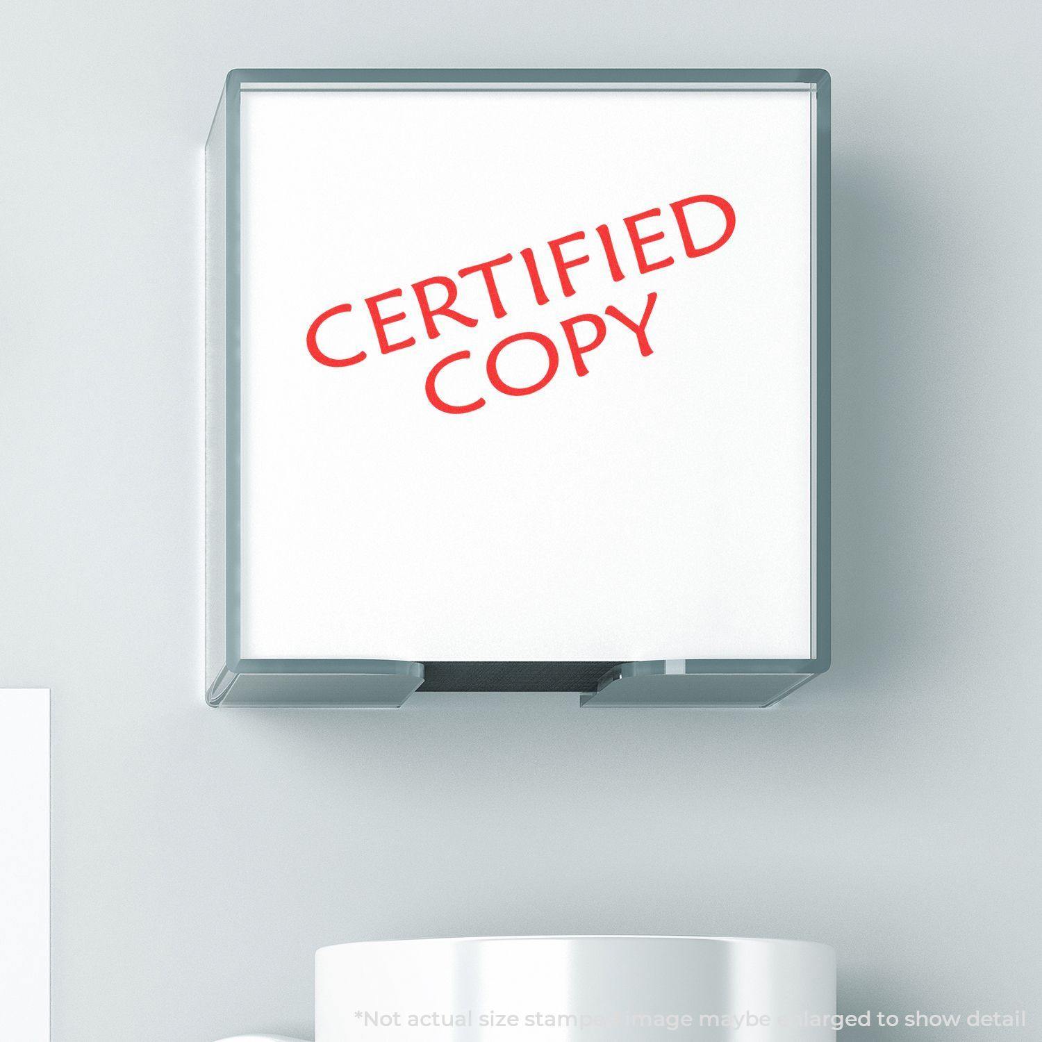 Slim Pre-Inked Certified Copy Stamp in red ink, displayed on a white surface, ready for use.