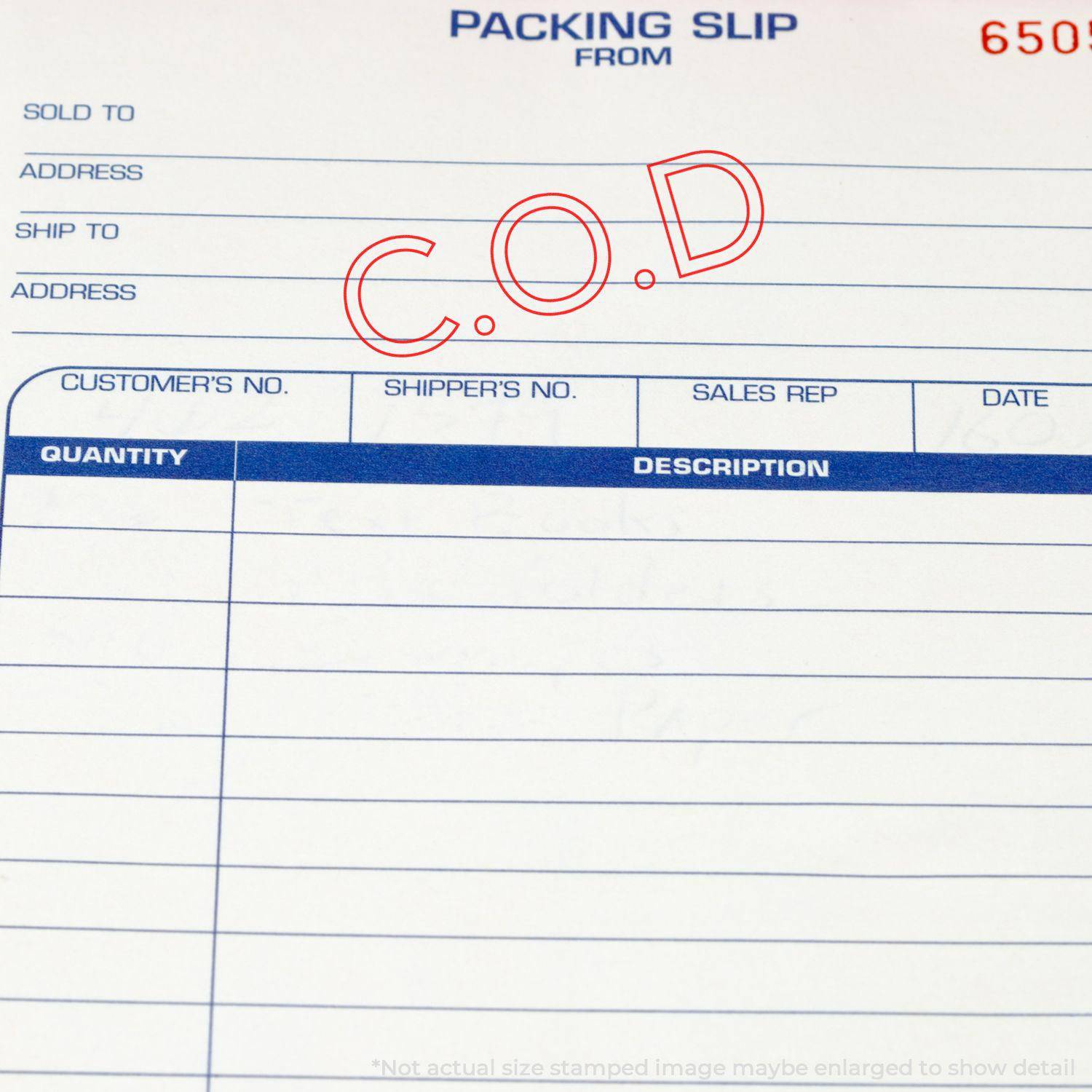 Packing slip stamped with C.O.D using the Large Pre-Inked COD Outline Stamp, highlighting the cash on delivery status.