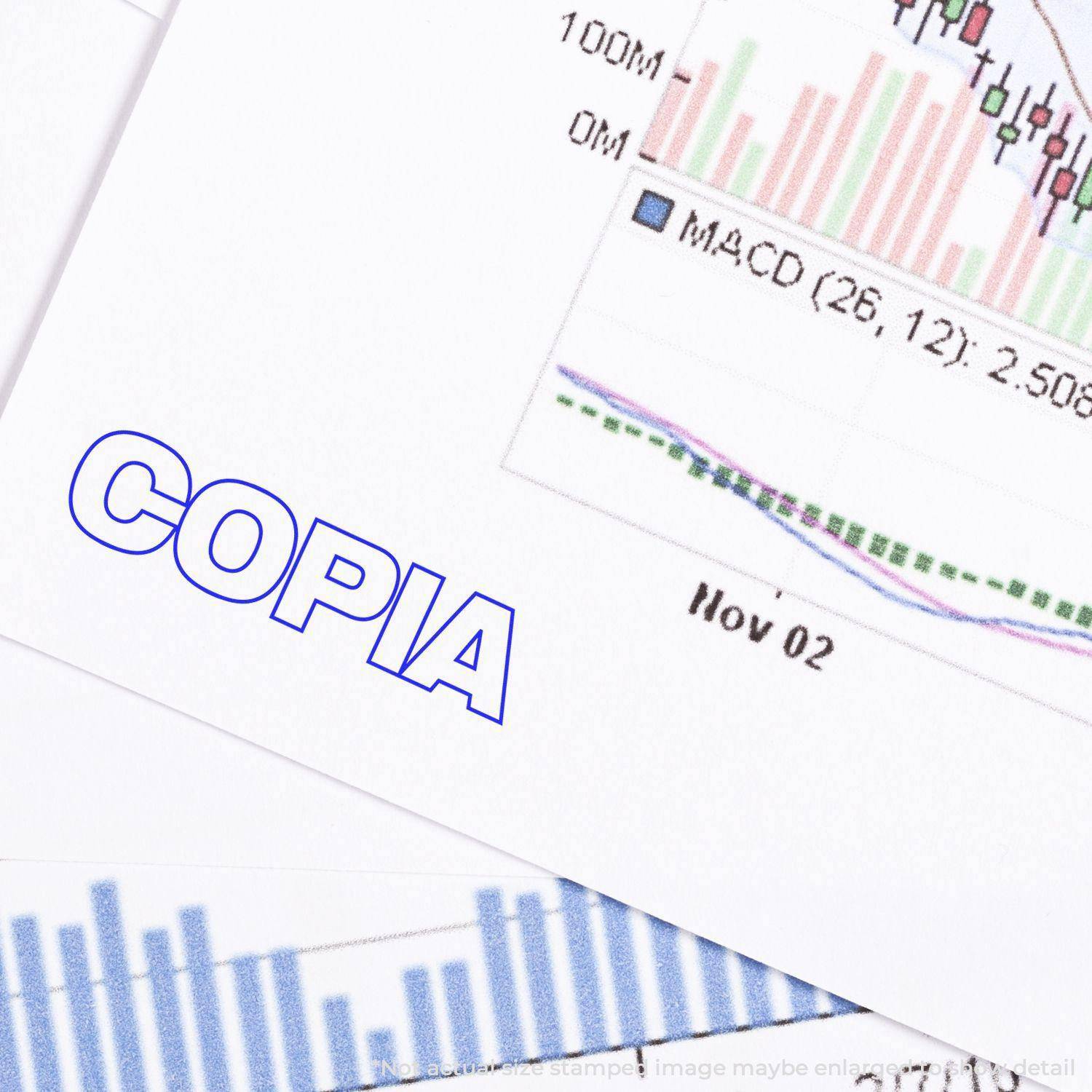 Large Pre-Inked Copia Stamp used on a financial document with graphs and charts in the background.