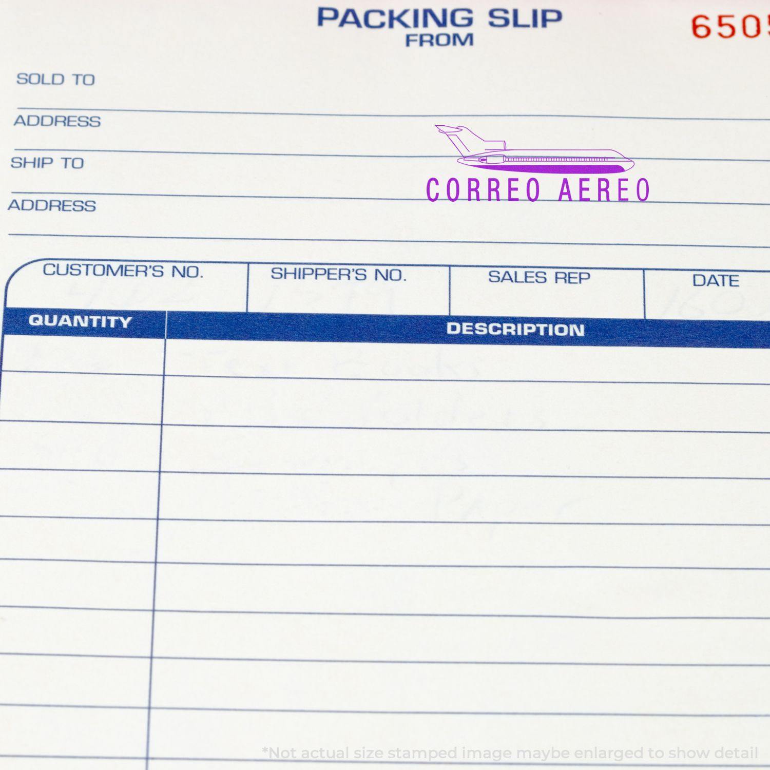 Packing slip stamped with Large Self Inking Correo Aero Stamp in purple, featuring an airplane icon and text CORREO AERO at the top.