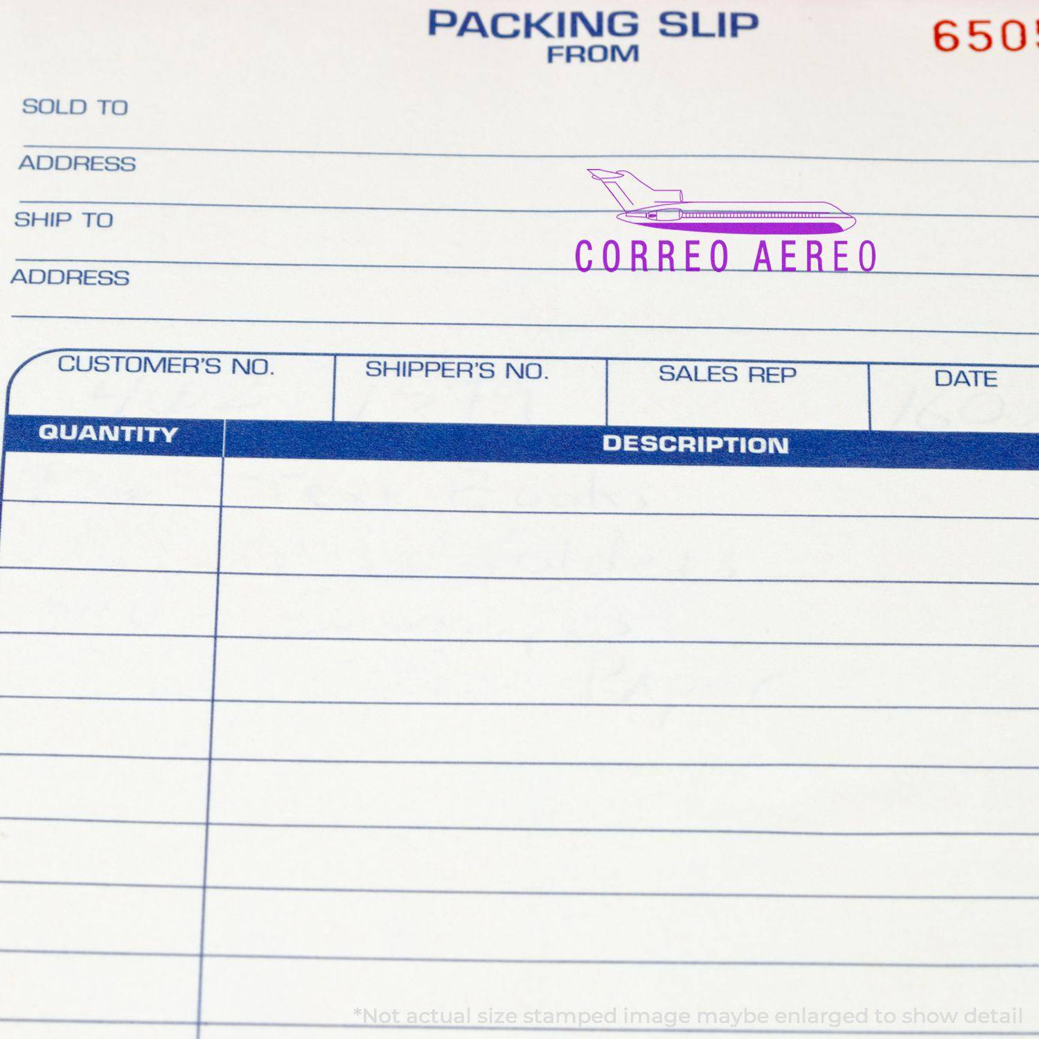 Packing slip stamped with Large Pre-Inked Correo Aero Stamp in purple, showing a plane icon and text CORREO AEREO in the header section.