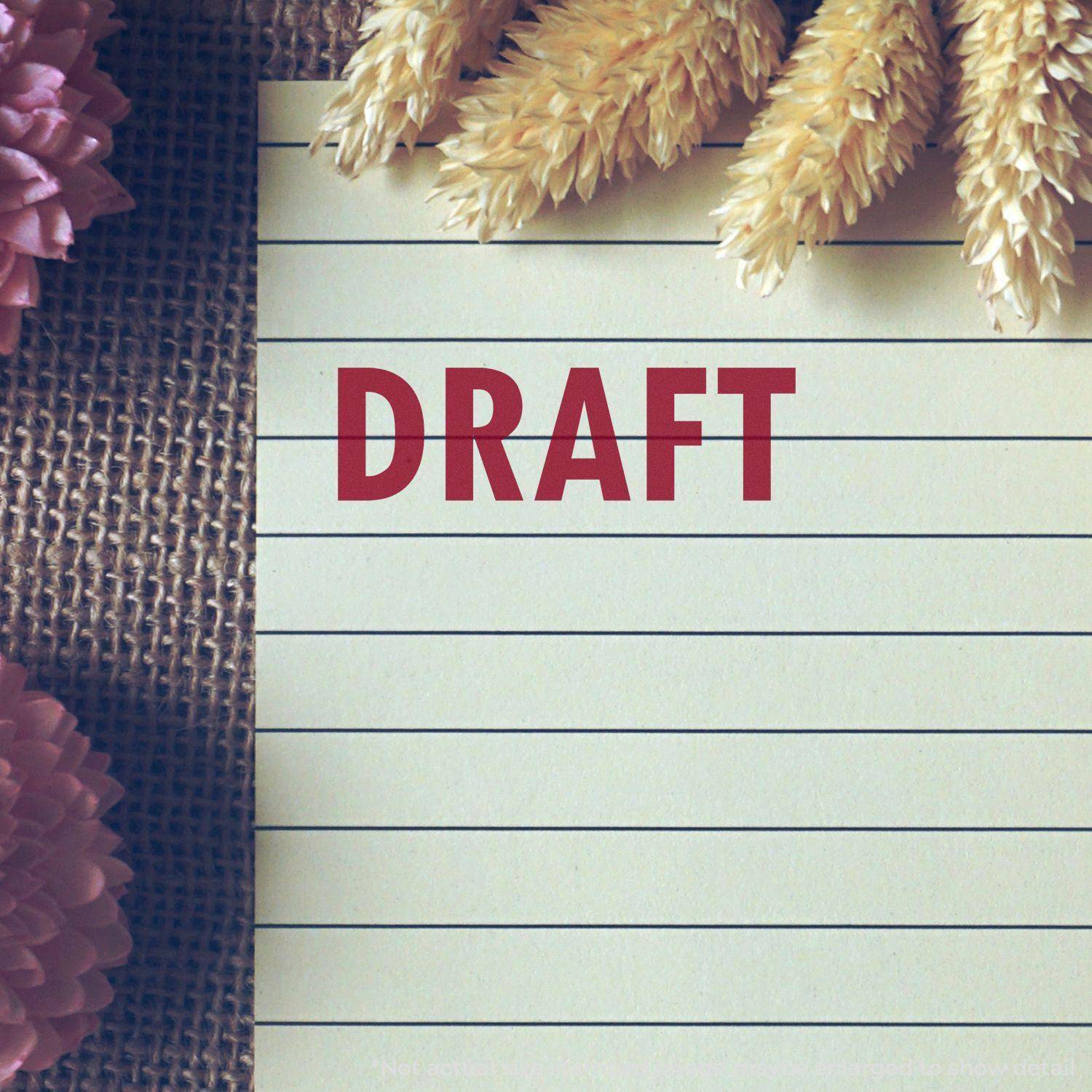 Large Pre-Inked Draft Stamp marking DRAFT in red on lined paper, surrounded by decorative flowers and wheat on a burlap background.