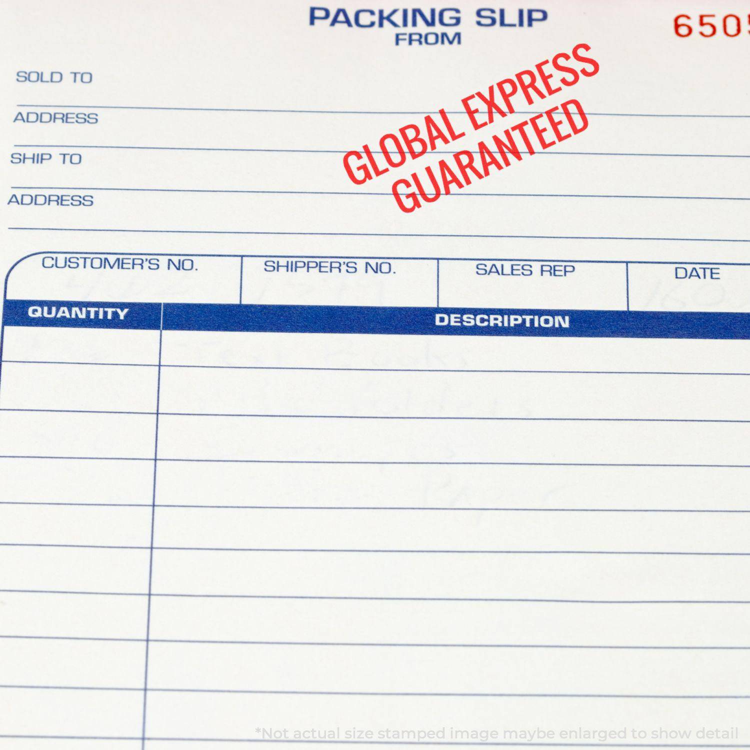 Packing slip stamped with GLOBAL EXPRESS GUARANTEED using the Large Pre-Inked Global Express Guaranteed Stamp, highlighting shipping details.
