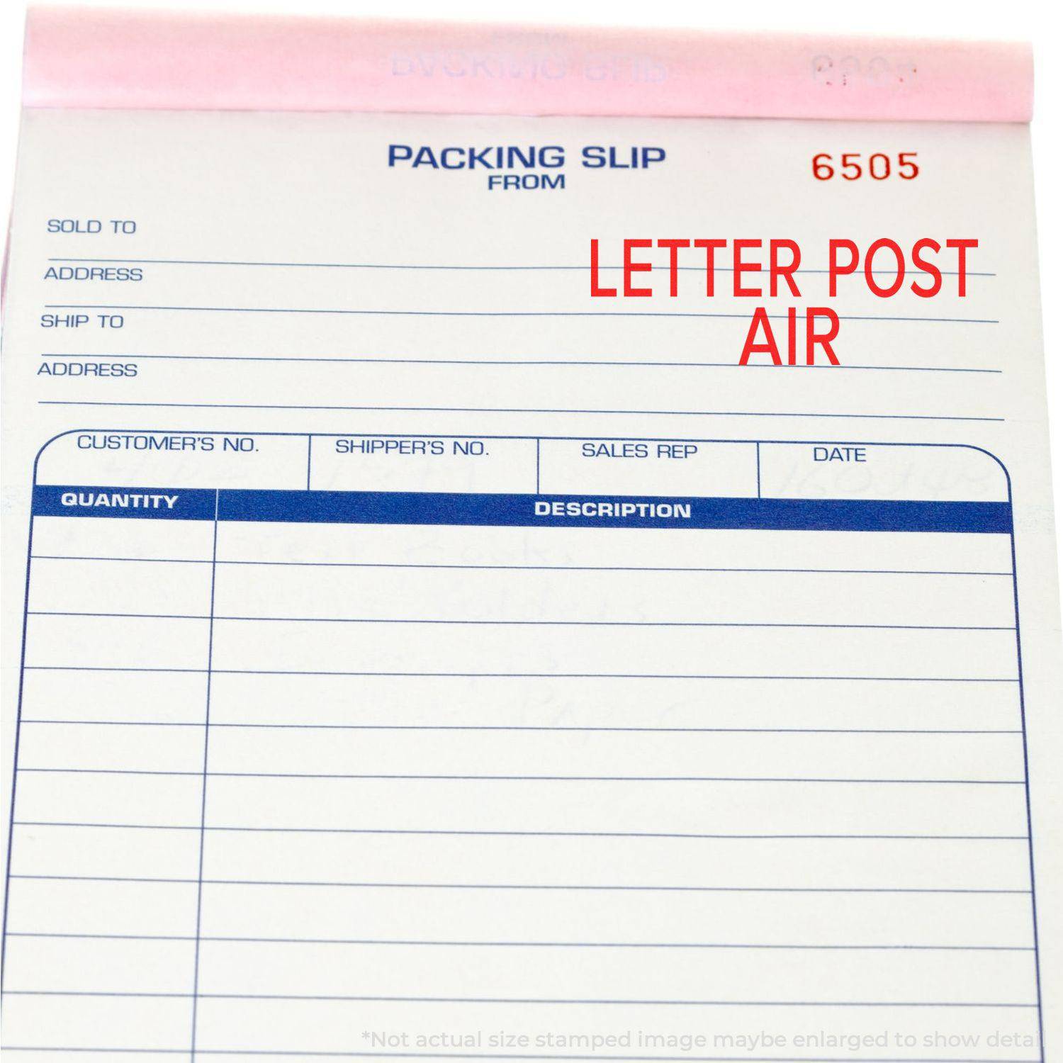 Packing slip with LETTER POST AIR stamped in red using the Large Pre-Inked Letter Post Air Stamp.