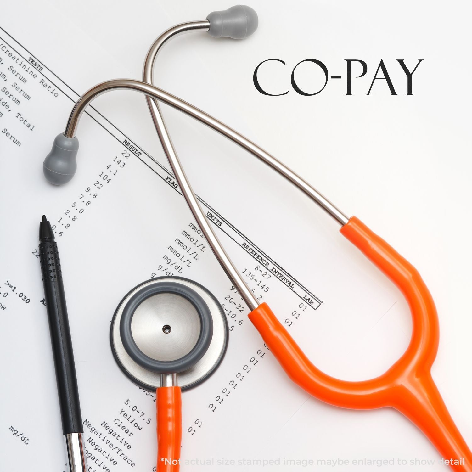 Large Pre Inked Co Pay Stamp on a medical bill with a stethoscope and pen, emphasizing the co-pay amount.