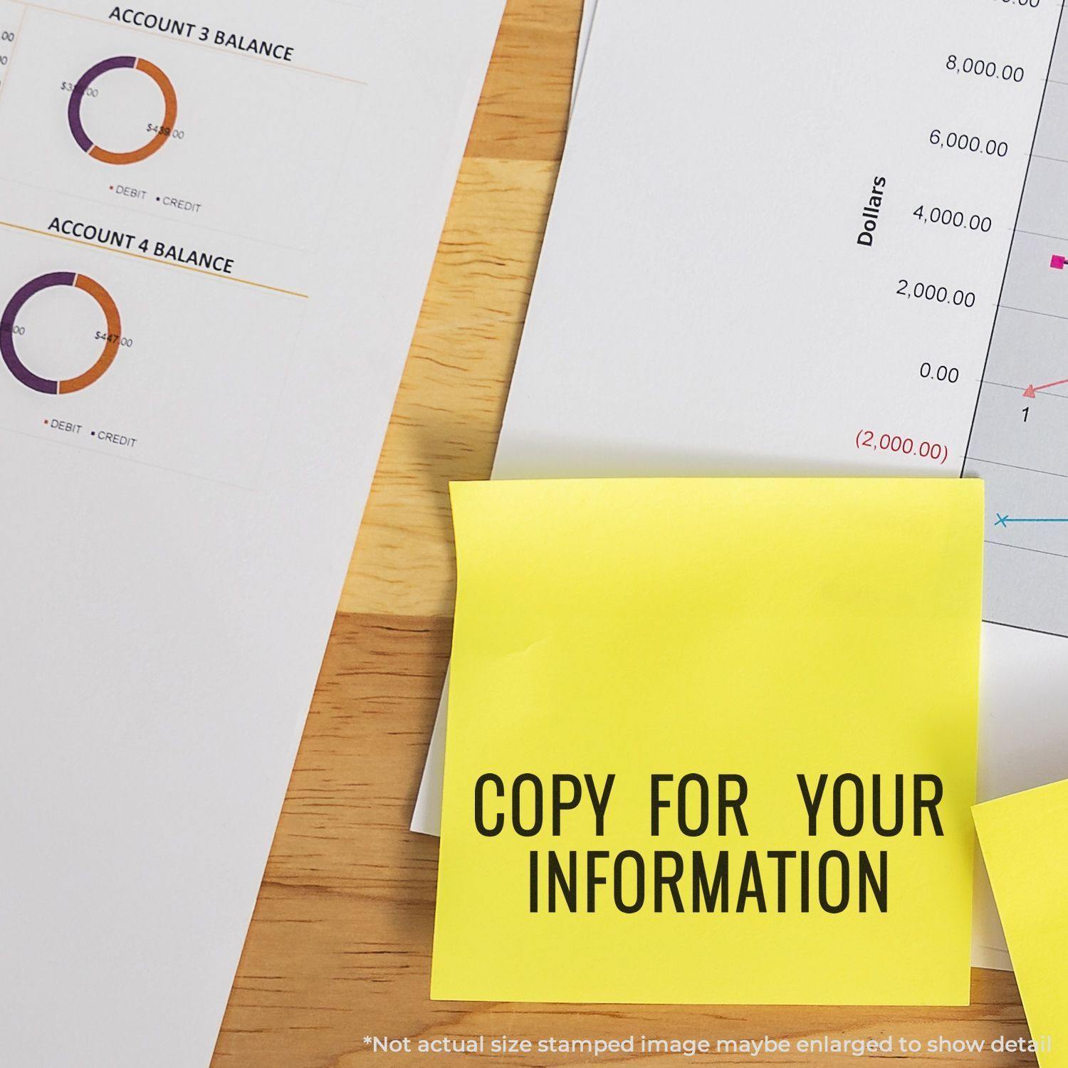 Yellow sticky note with COPY FOR YOUR INFORMATION rubber stamp on a desk with financial charts and graphs in the background.