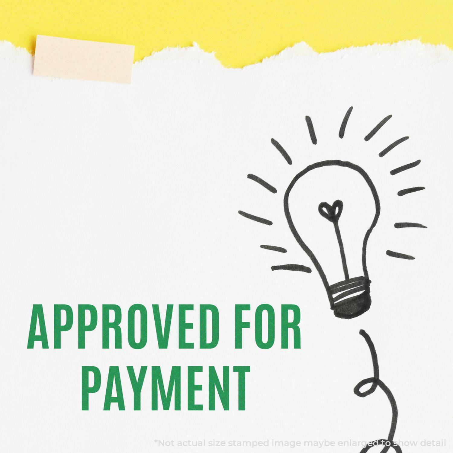 A piece of paper with a lightbulb drawing and the text APPROVED FOR PAYMENT stamped using the Large Pre-Inked Narrow Font Approved for Payment Stamp.