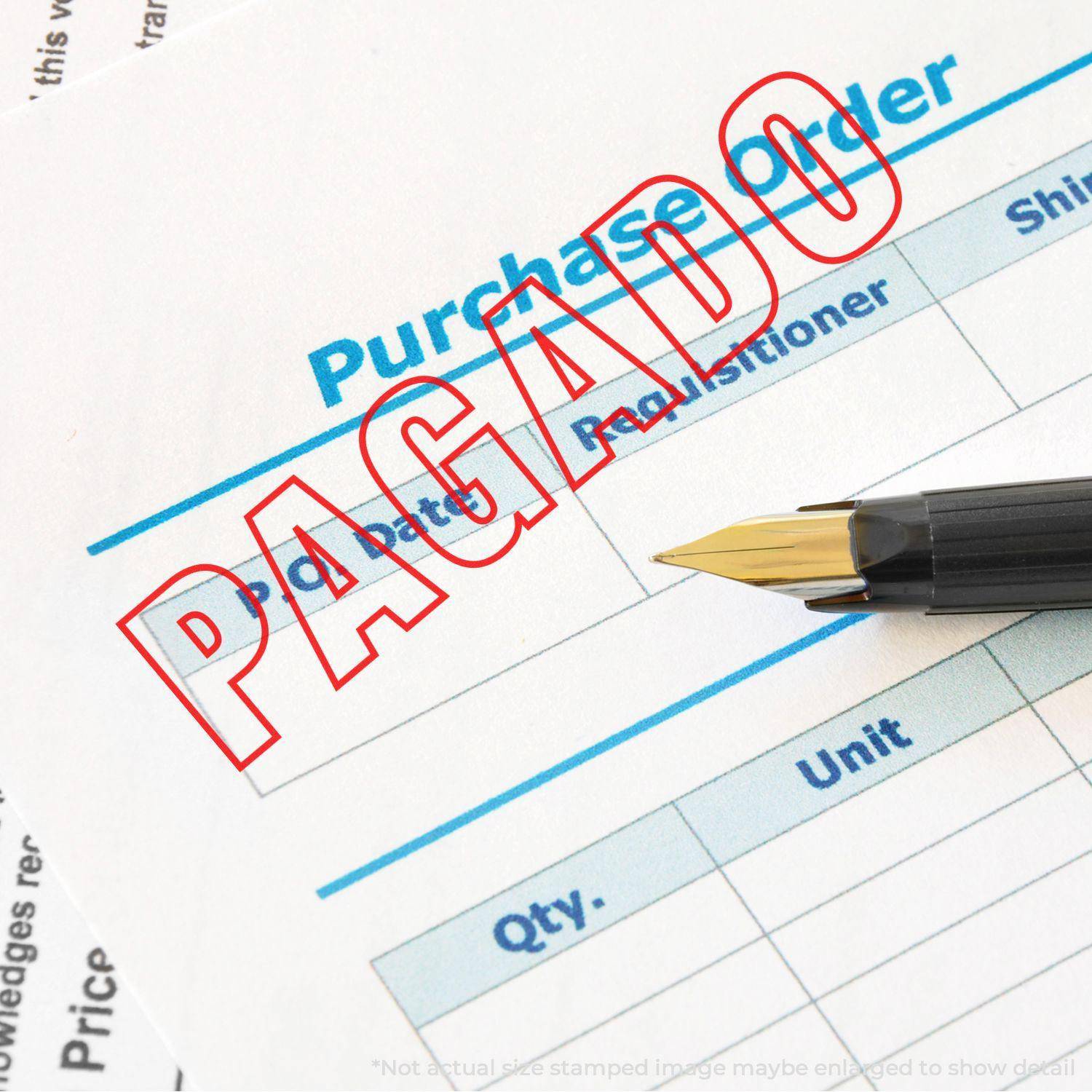Large Outline Pagado Rubber Stamp marking PAGADO in red ink on a purchase order document with a pen nearby.