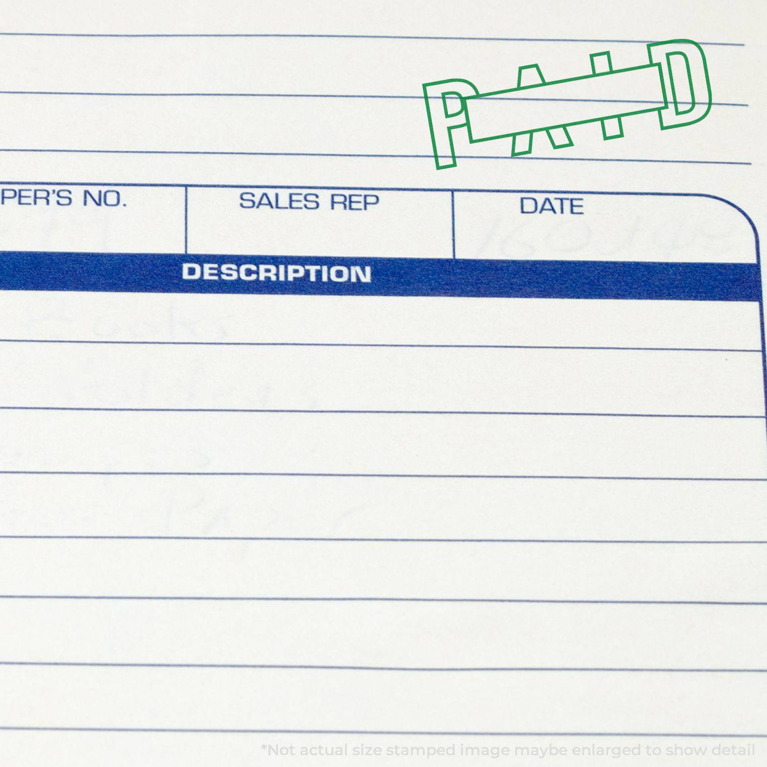 A document stamped with PAID using the Large Outline Paid with Box Rubber Stamp, showing a green PAID mark in the top right corner.